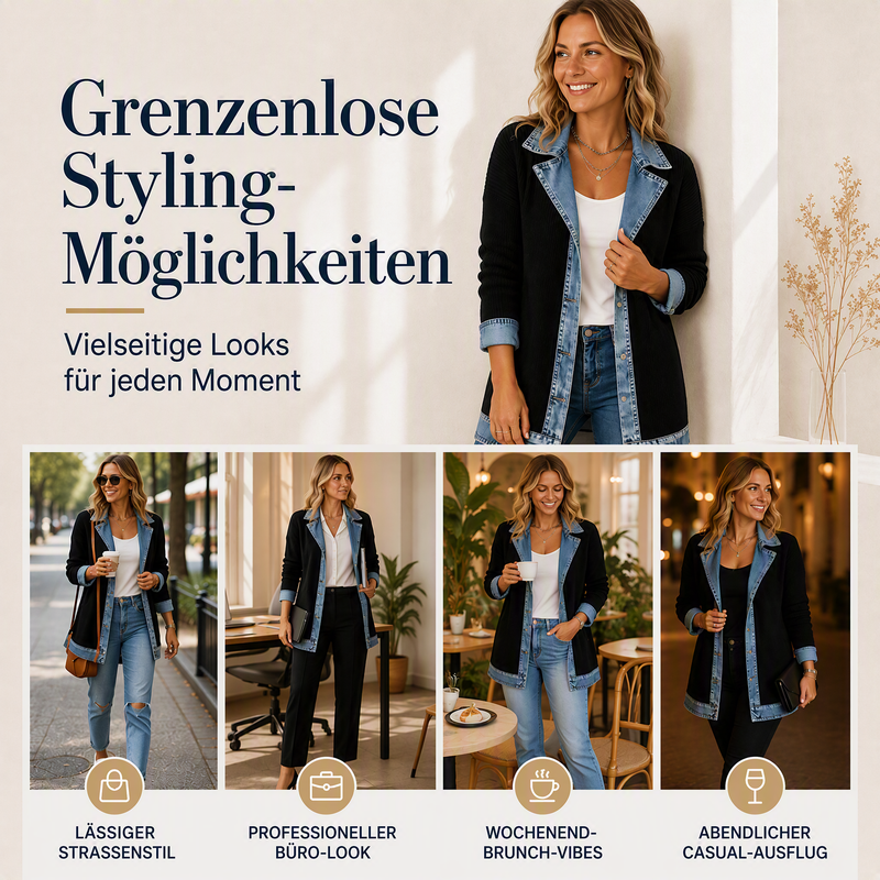 RABATT! ⭐ Eleganter Damenmantel aus Denim mit geripptem Strick-Einsatz