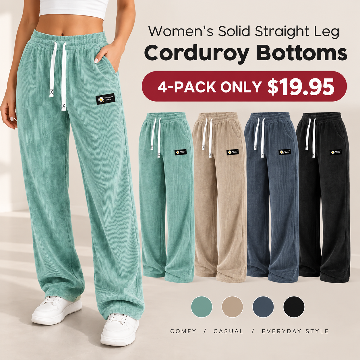 【LAST DAY SALE]】Women's Solid Straight Leg Corduroy Bottoms-100% Cotton