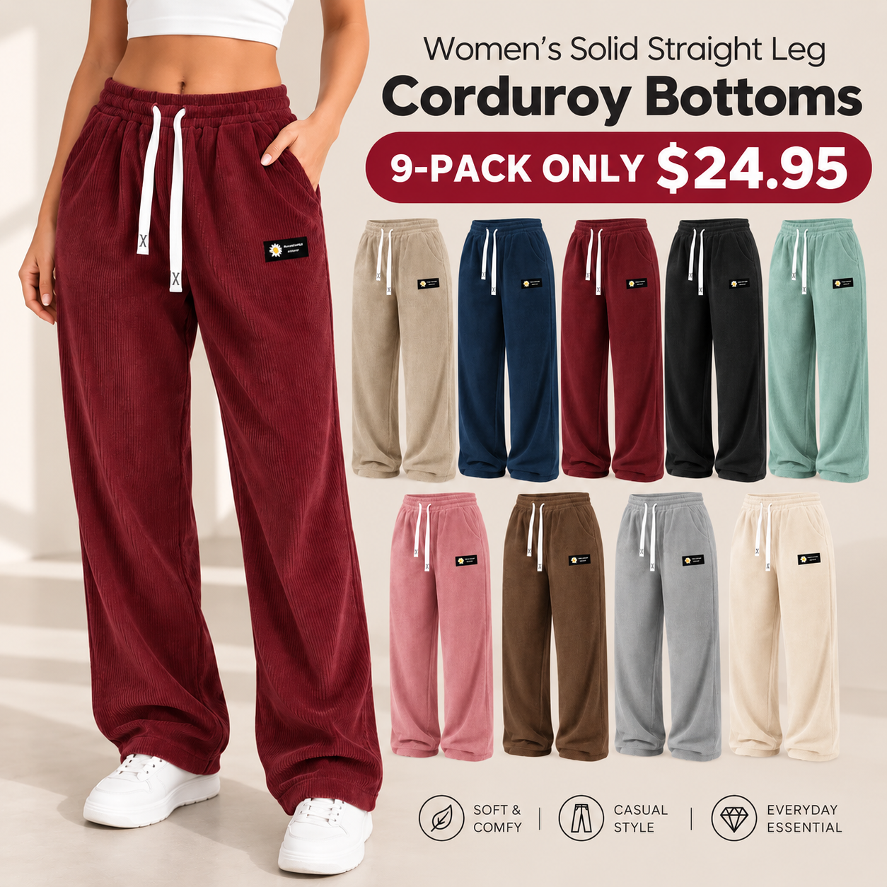 【LAST DAY SALE]】Women's Solid Straight Leg Corduroy Bottoms-100% Cotton