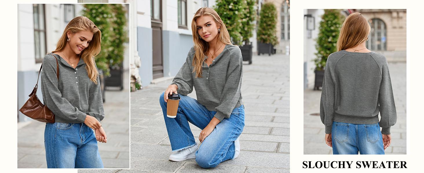 SCUSTY Womens Long Sleeve Knitting Sweater Tops Half Button Sweaters Henley Neckline Casual Lightweight Solid Pullover Knitting Comfortable Soft Womenswear SohoChic