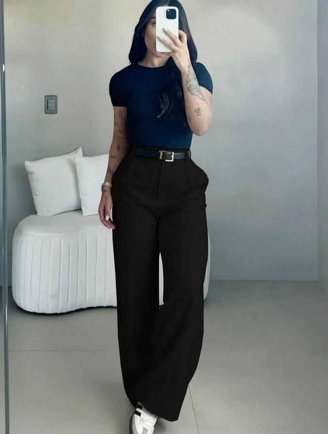 Women's High-Waisted Wide Leg Bottoms - Business Casual Drape Trousers with Clean Front, Pockets, Belt Loops, Full-Length Everyday Office Work Slacks, Machine Washable