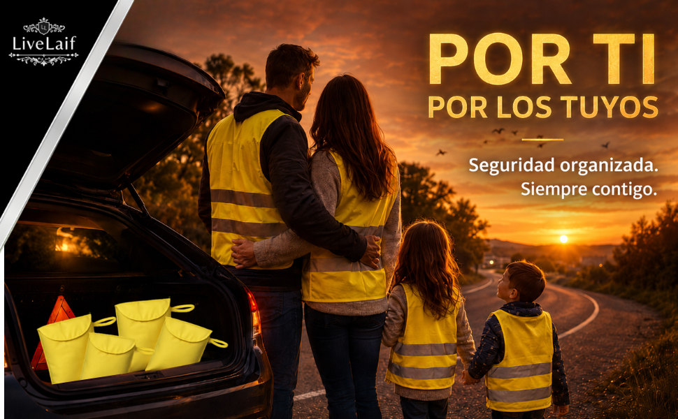 El texto dice: &laquo;POR TI&raquo; y &laquo;POR LOS TUYOS&raquo; con &laquo;Seguridad directamente Siempre contigo&raquo; visible. Los trabajadores llevan chalecos de seguridad y cascos amarillos en una obra de construcci&oacute;n nocturna con luces amarillas brillantes de fondo.