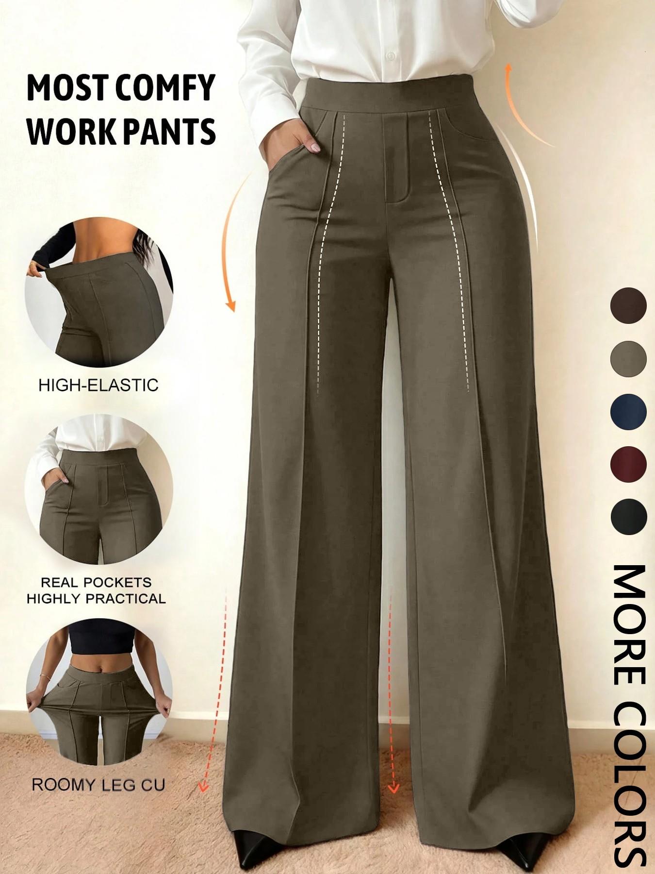 Wide Leg Commuter Pants, Front Center Split with Pockets, Loose Fit Slimming Suit Pants, Office Daily Wear, Casual Flowy Trousers, Baggy Wide Leg Commuter Pants, Front Center Split with Pockets, Loose Fit Slimming Suit Pants, Office Daily Wear, Casual Flowy Trousers, Baggy