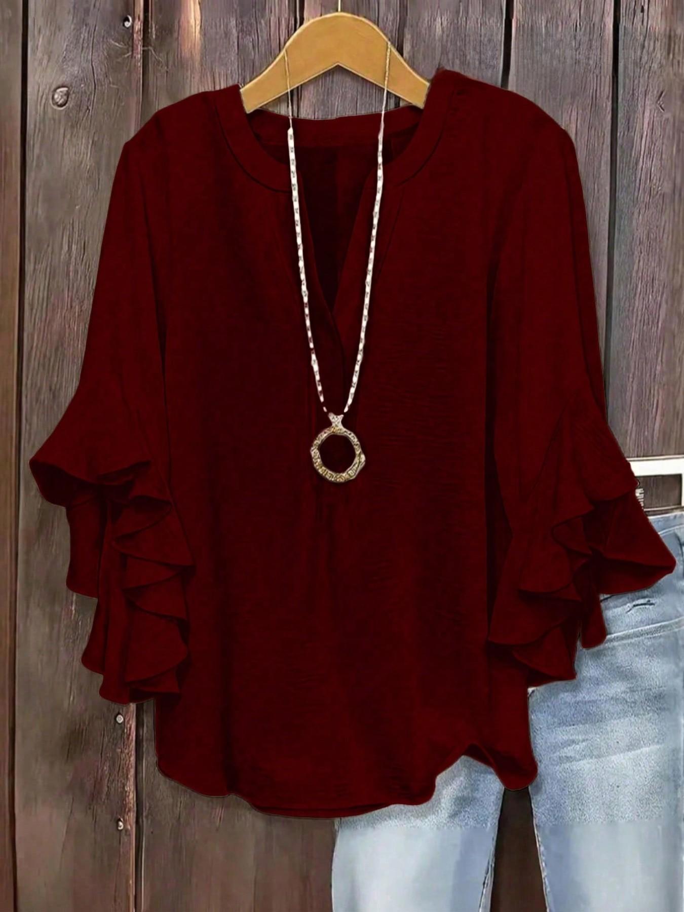 Plus Size Women's Ruffled Sleeve V-Neck Shirt Blouse Tops