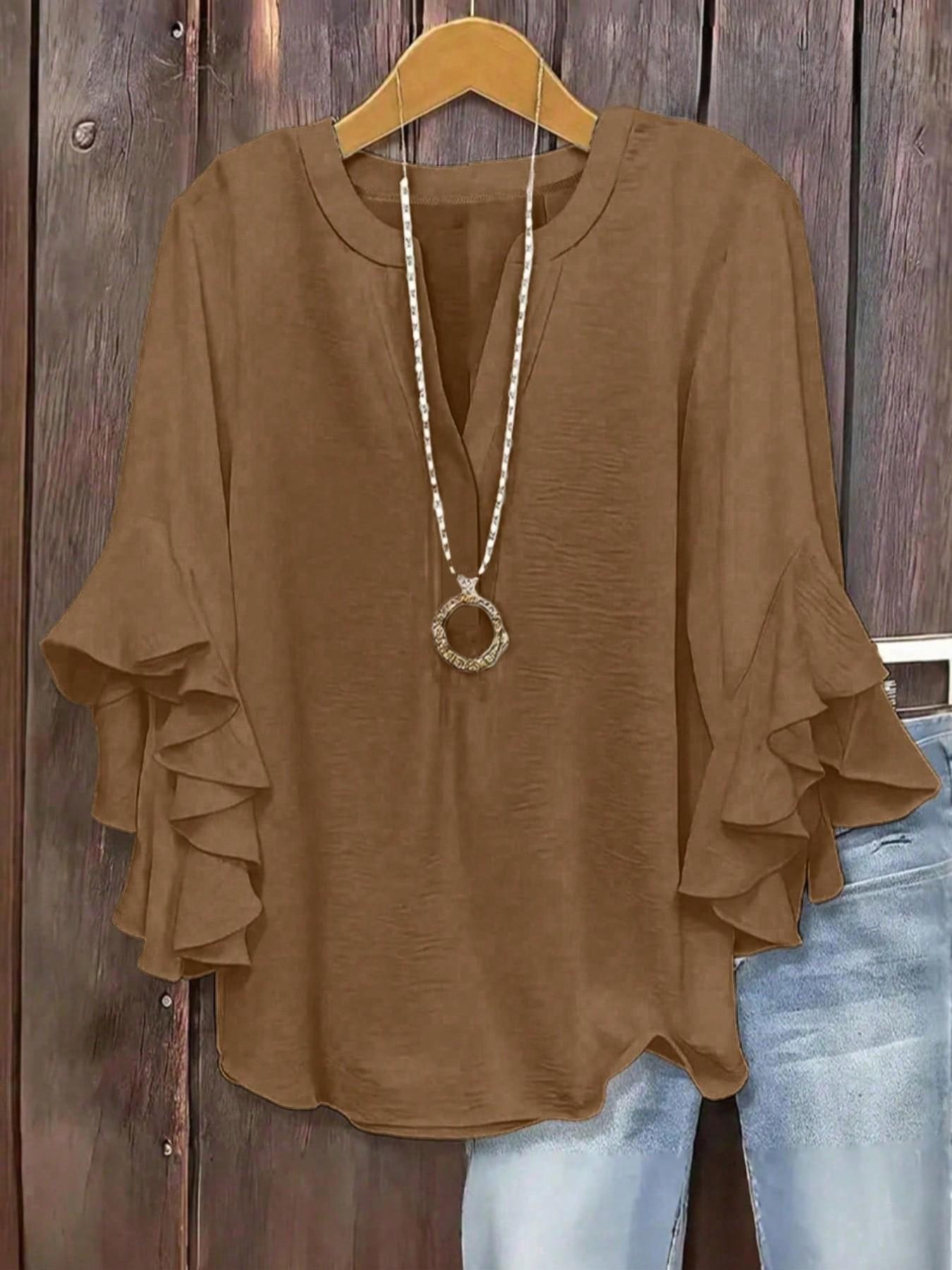 Plus Size Women's Ruffled Sleeve V-Neck Shirt Blouse Tops