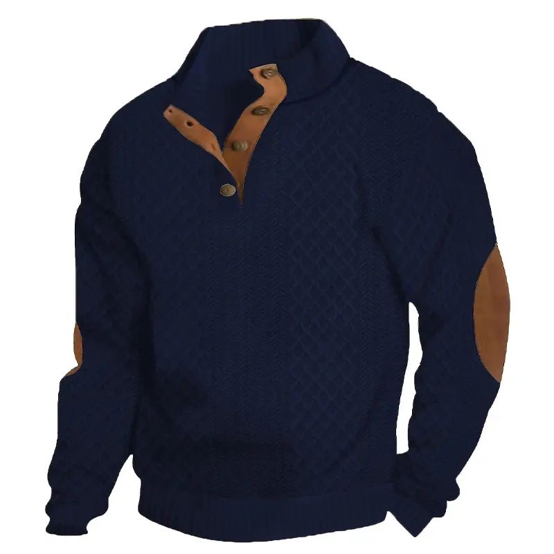 Men's Stand Collar Jacquard Knit Pullover Sweater, Micro Stretch 100% Polyester Long Sleeve Elbow Patch Casual Outdoor Sweatshirt for Spring Autumn