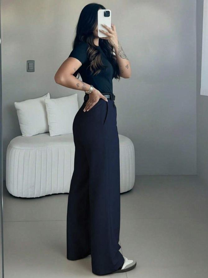 Women's High-Waisted Wide Leg Bottoms - Business Casual Drape Trousers with Clean Front, Pockets, Belt Loops, Full-Length Everyday Office Work Slacks, Machine Washable