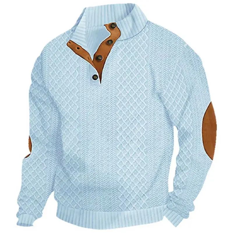 Men's Stand Collar Jacquard Knit Pullover Sweater, Micro Stretch 100% Polyester Long Sleeve Elbow Patch Casual Outdoor Sweatshirt for Spring Autumn