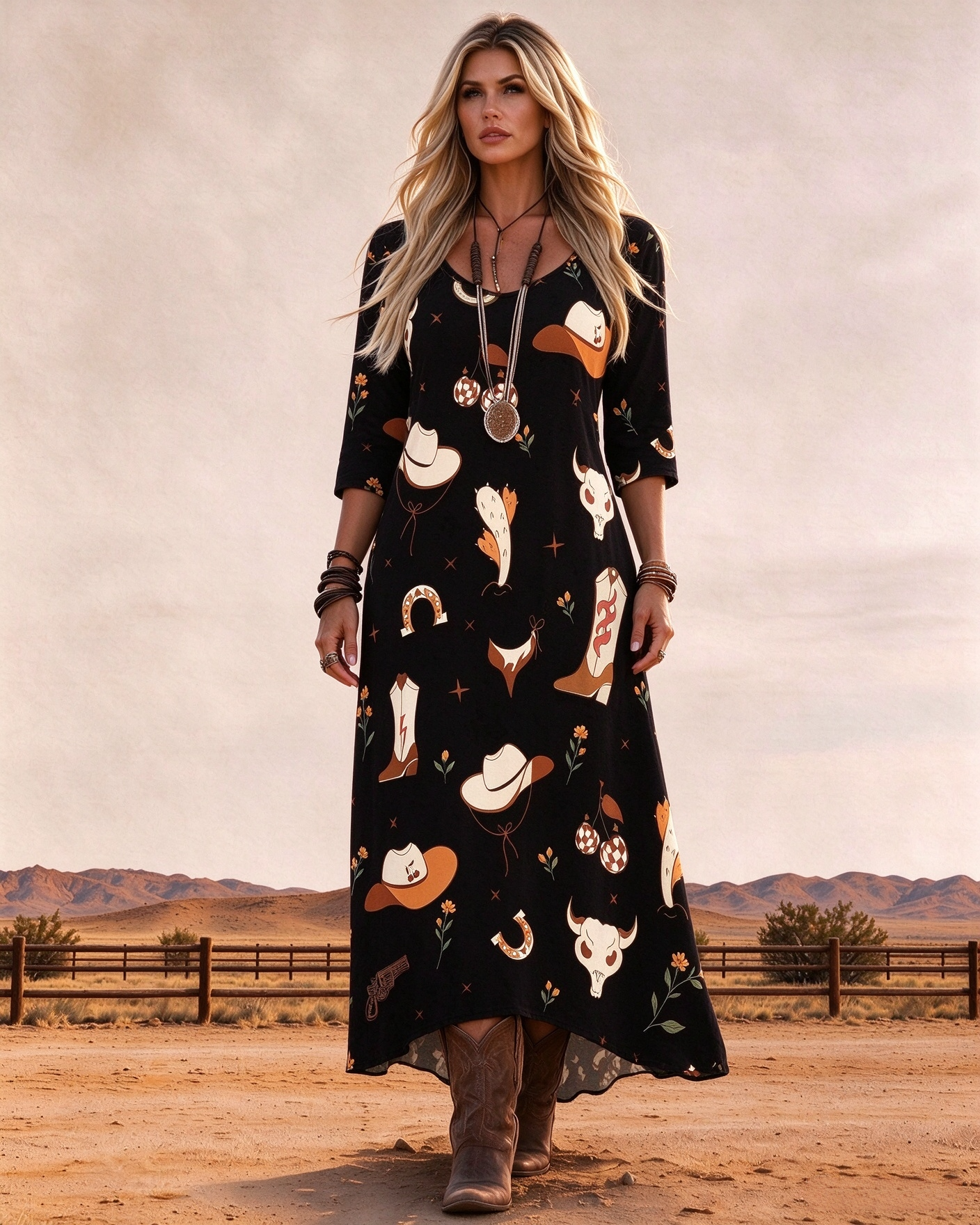 Round Neck 3/4 Sleeve Western Cowboy Print Women Maxi Dress