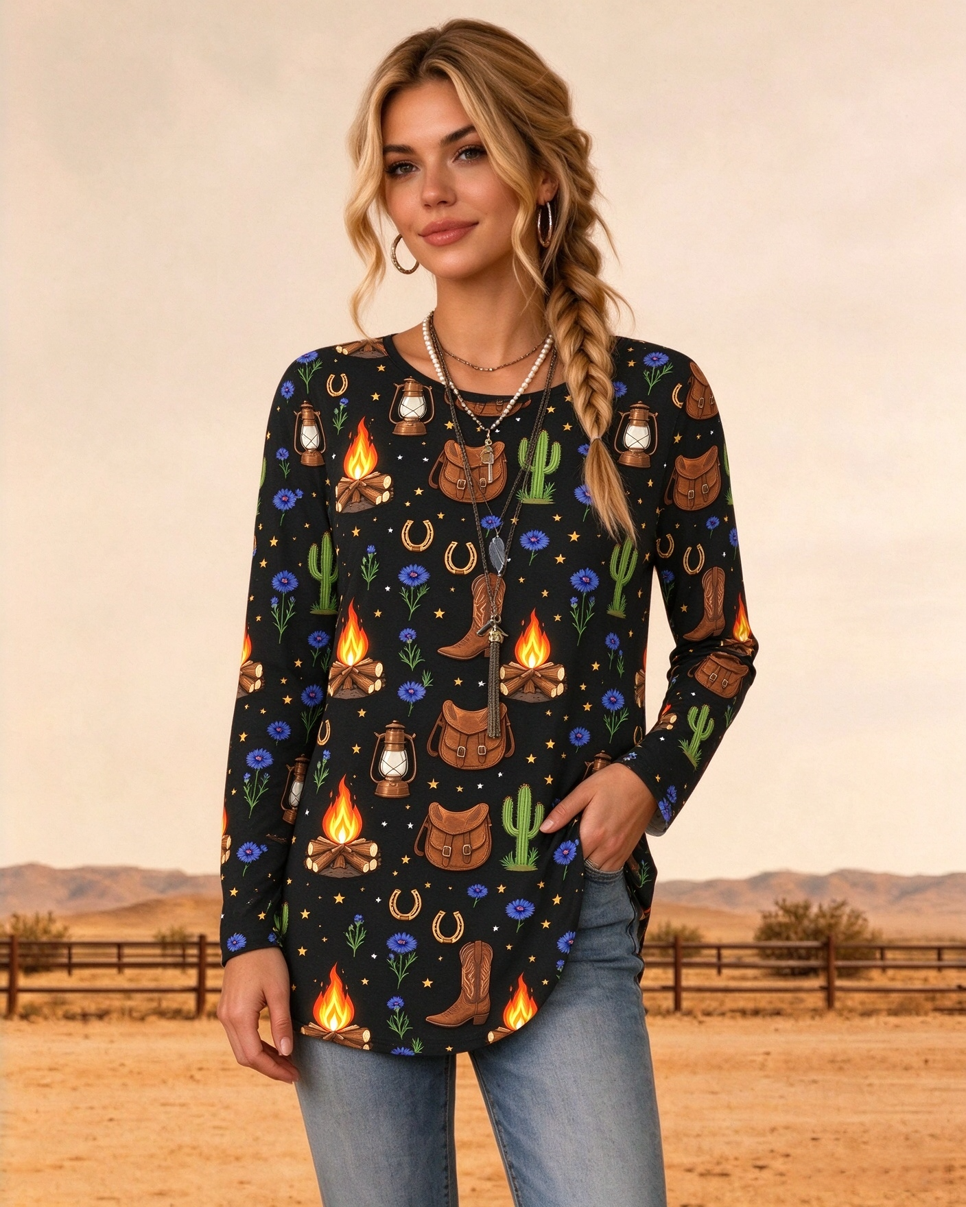 Round Neck Long Sleeve Western Desert Print Women Tunic Top