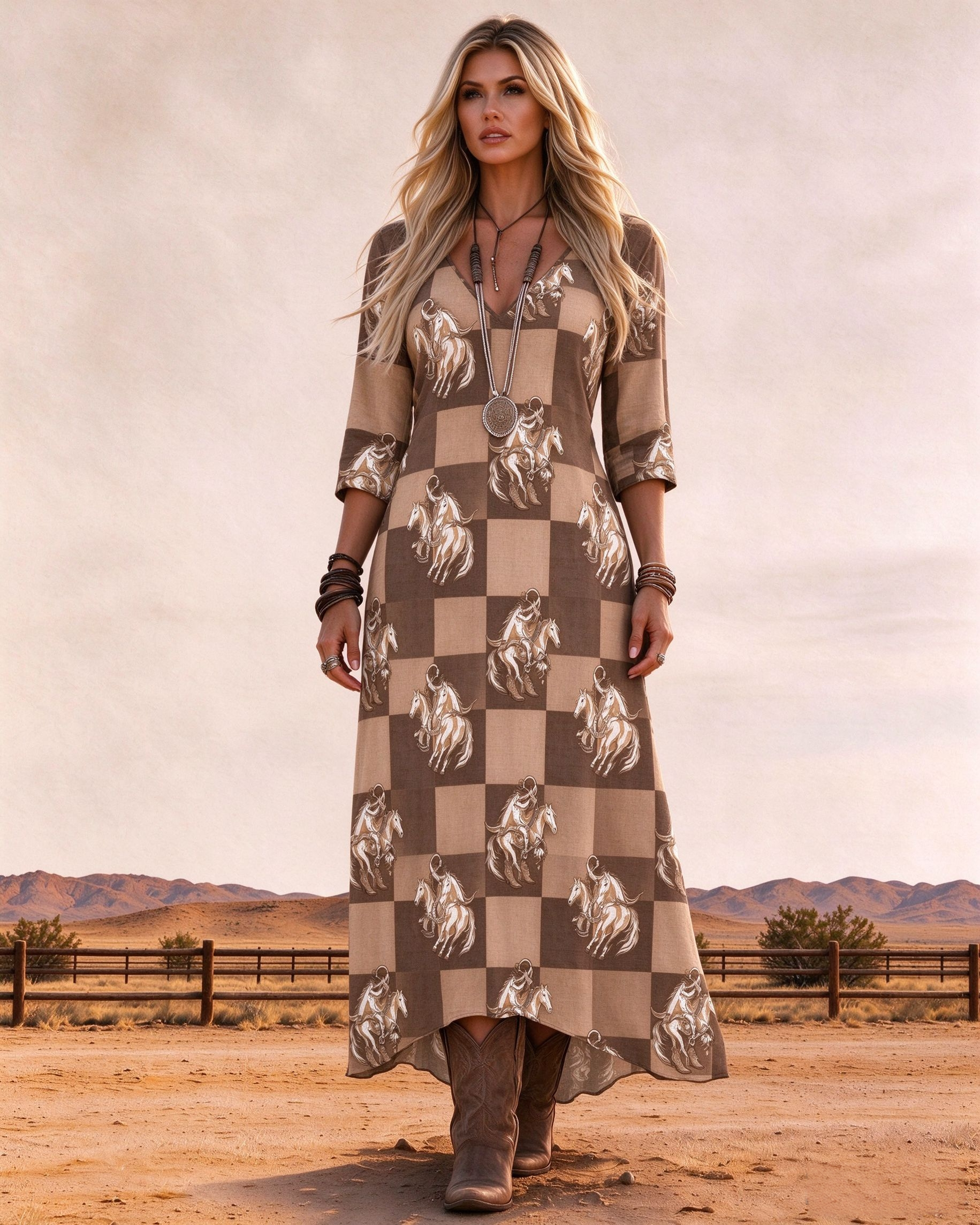 V-neck Western checkered equestrian print maxi dress