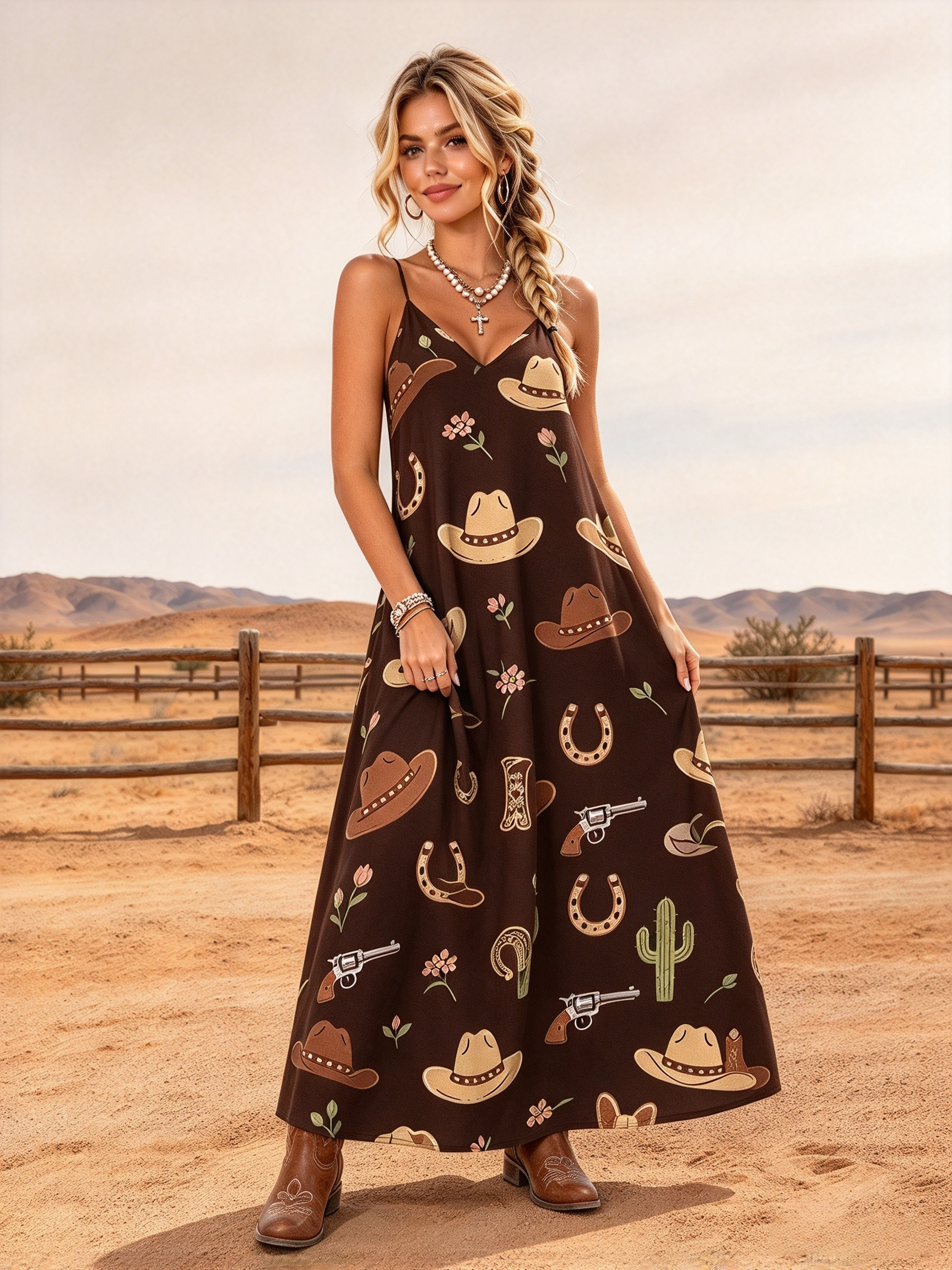 Horseshoe & Hat Strapless Long Dress