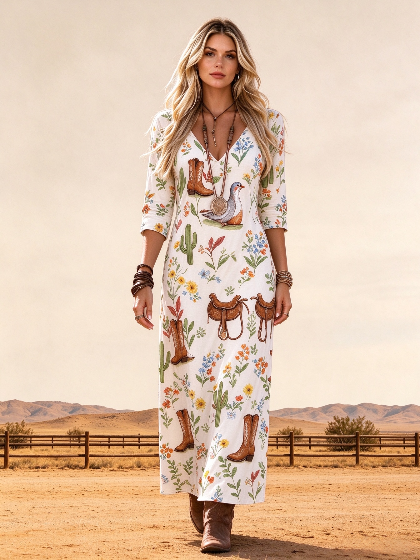 Desert Bloom V-Neck Three-Quarter Sleeve Dress