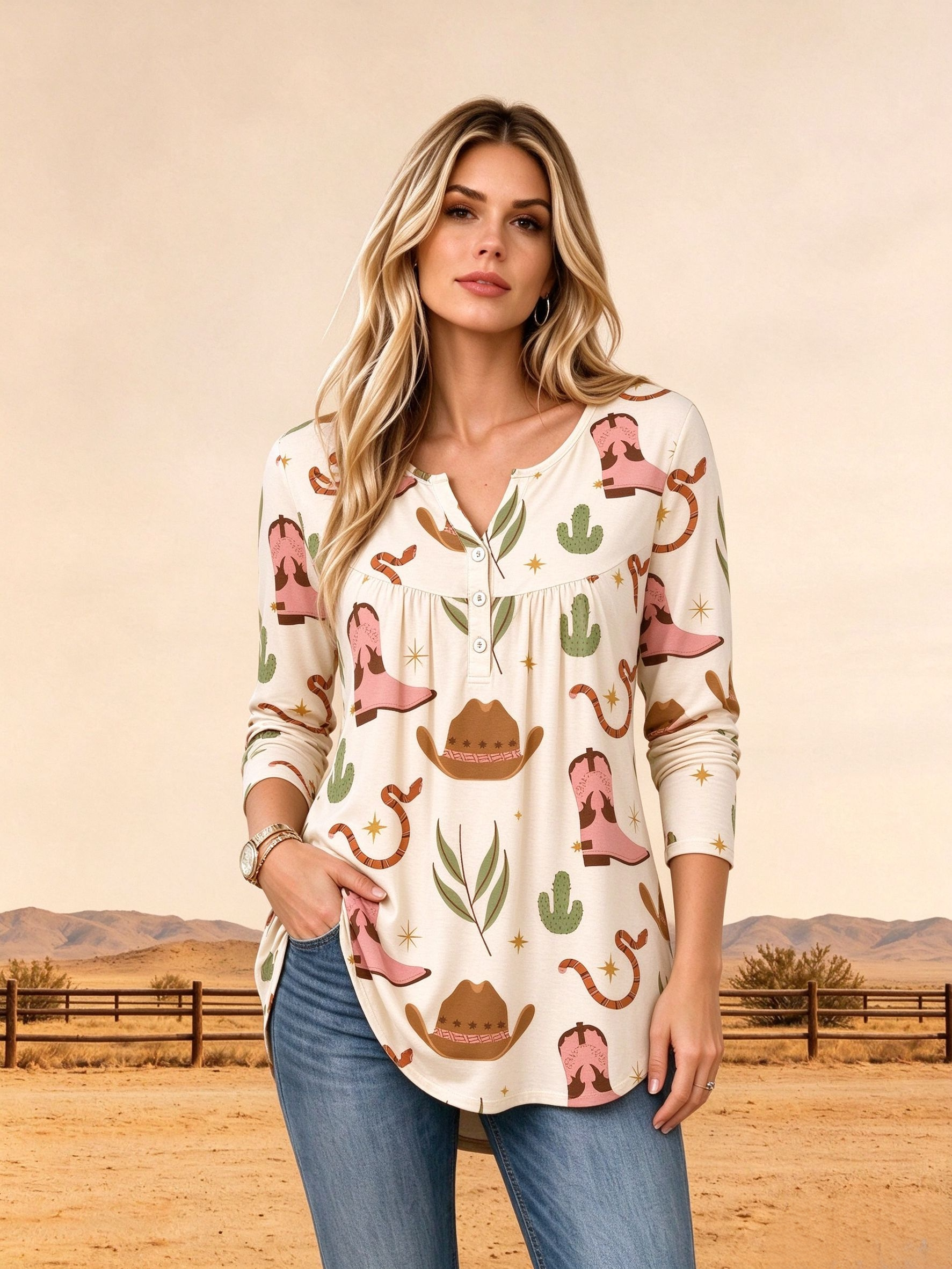 Vintage Pink Cowboy Boots Printed  Button Up Split V Neck Henley Blouse