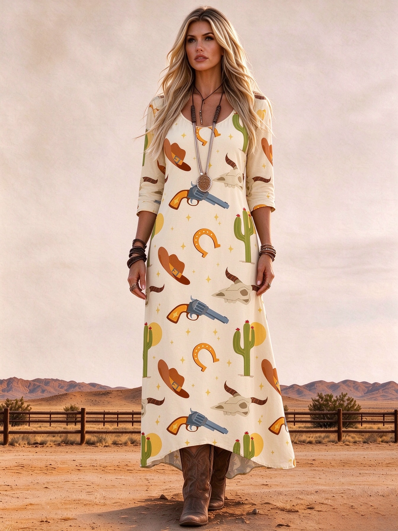Cream Western Cowboy Desert Cactus Horseshoe Print V-Neck Loose Casual Maxi Dress