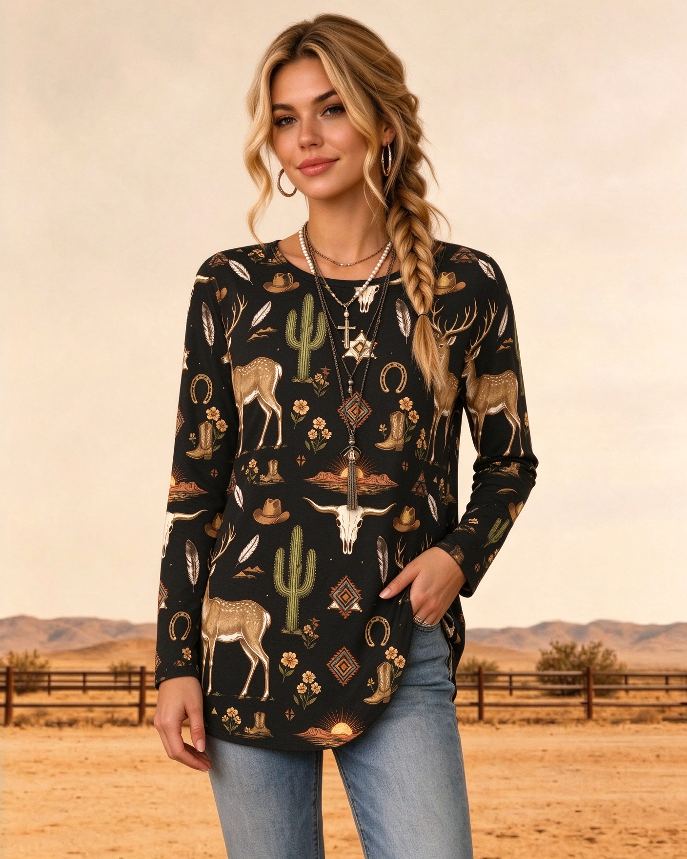 Crew Neck Long Sleeve Western Deer Cow Skull Cactus Print Casual Tunic