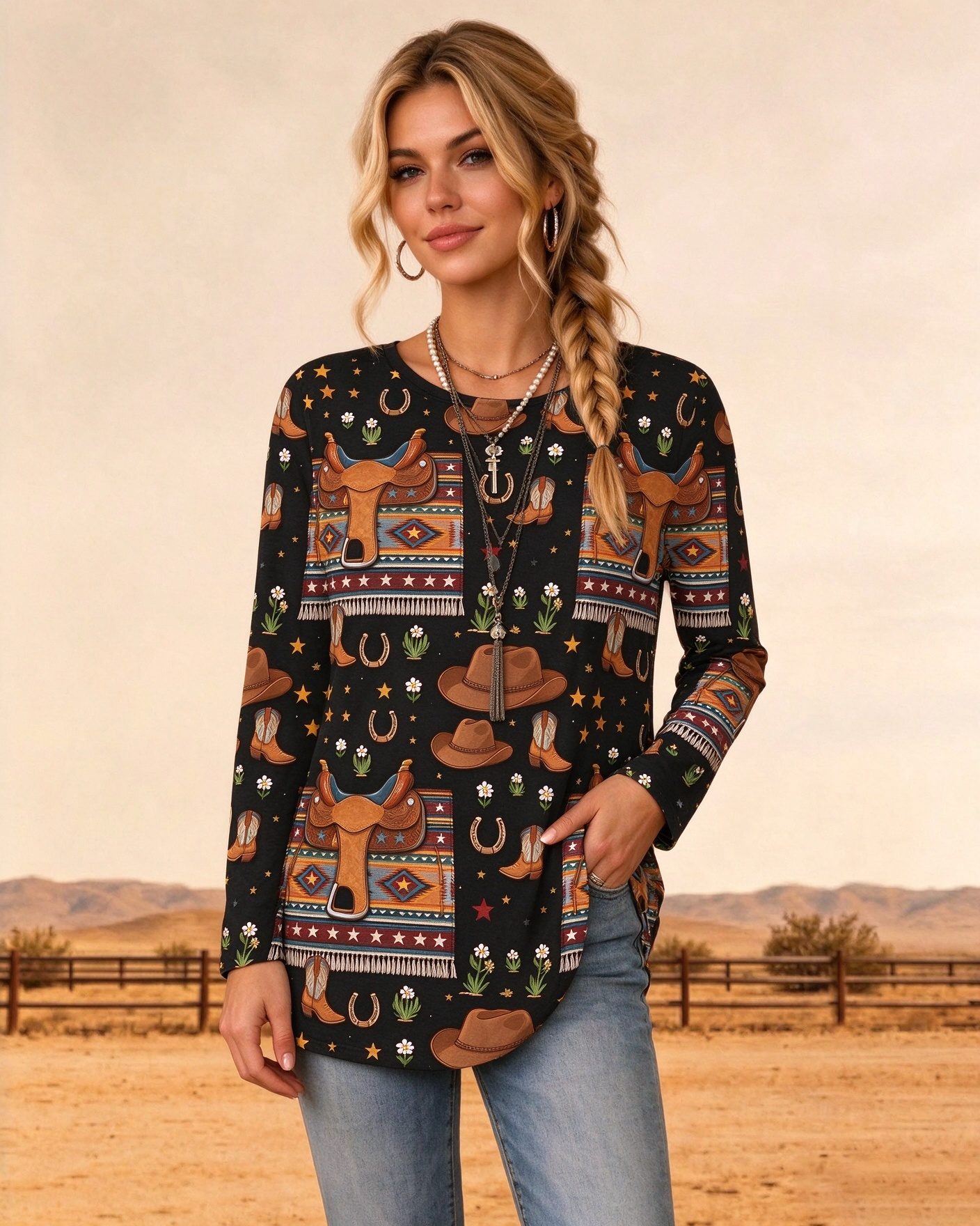 Southwestern Saddle & Cowboy Hat Print Round Neck Long Sleeve Tunic Top 