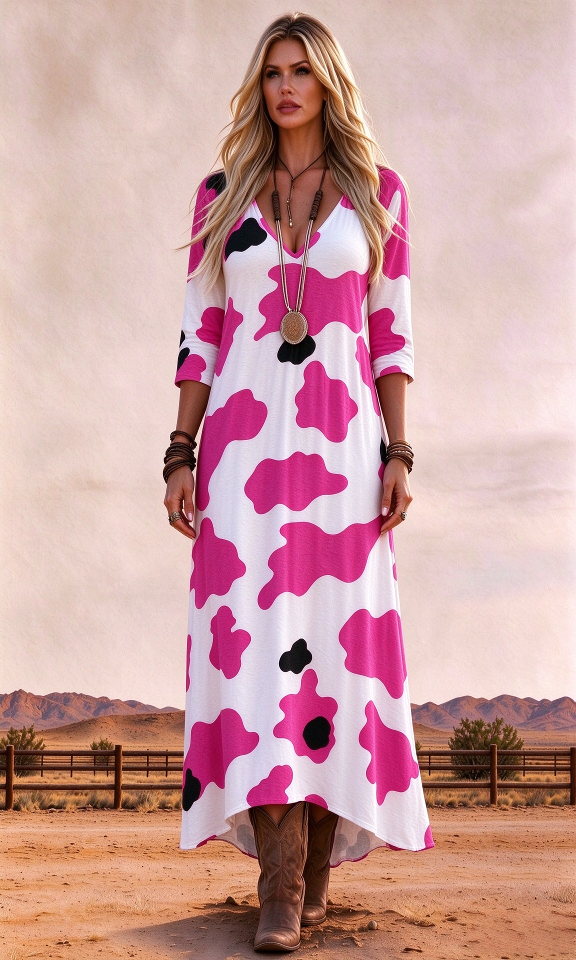V-neck bright pink cow print Western-style dress