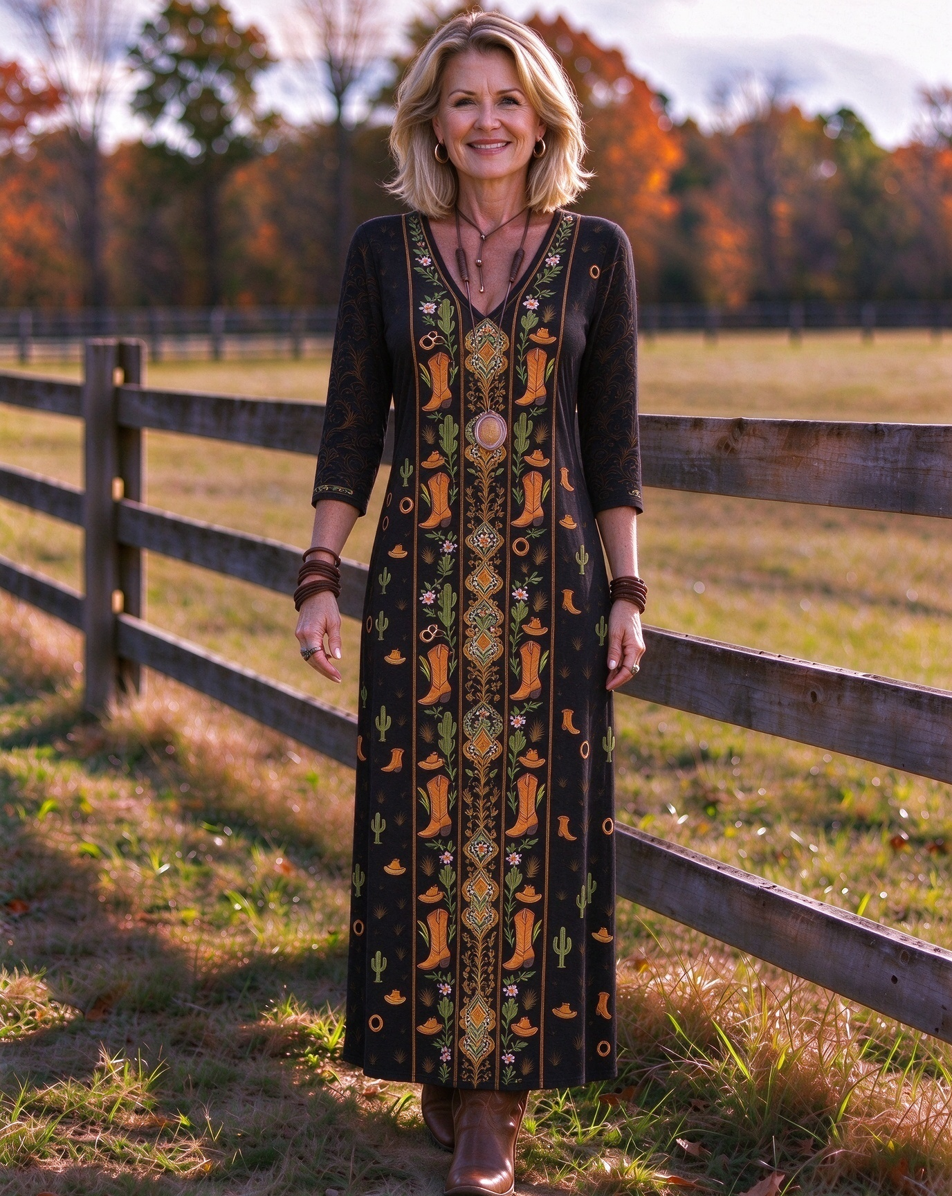 Southwestern Aztec Cowboy Boot Cactus Medallion V-neck high-low hem long dress