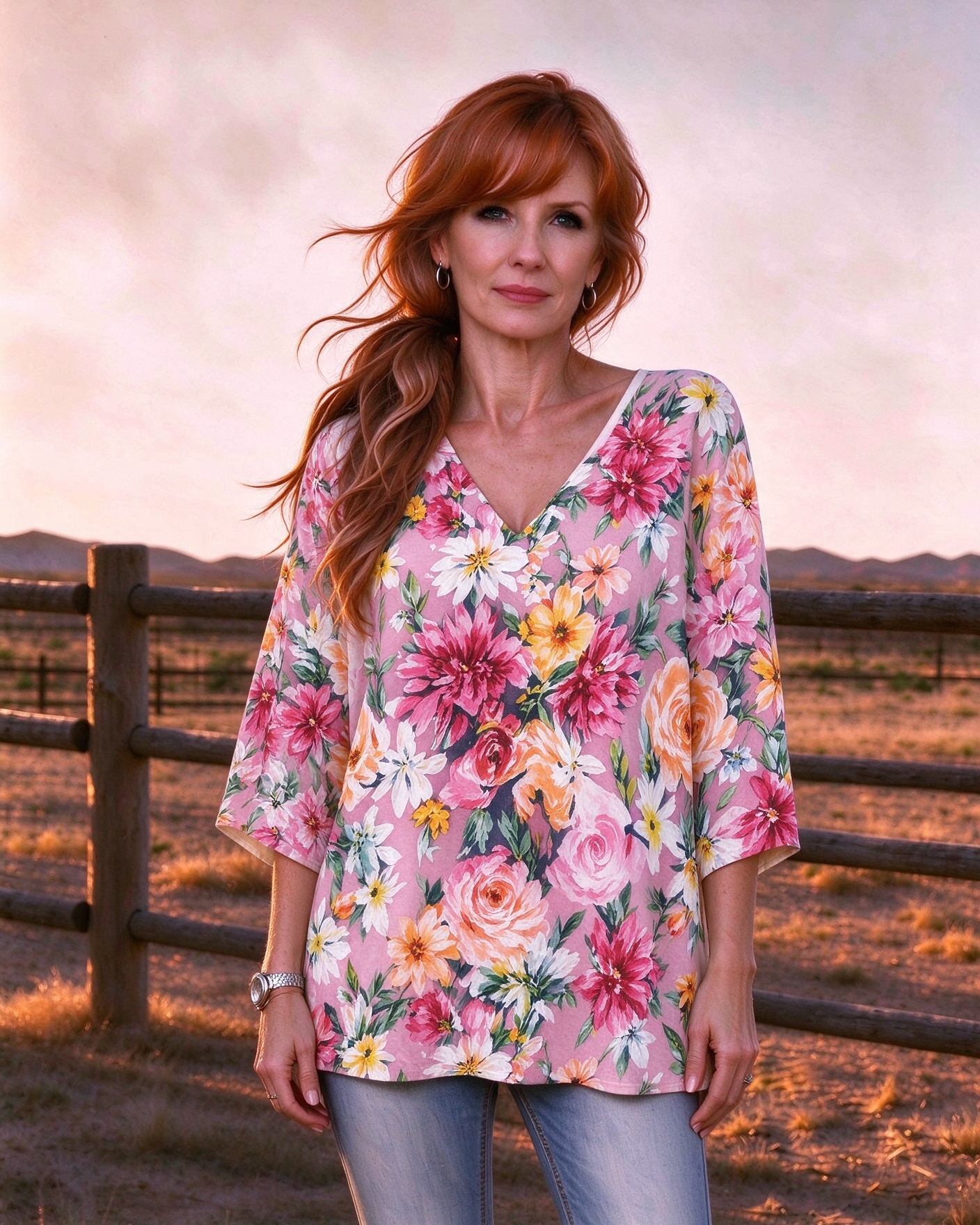 Women's Western-style floral V-neck three-quarter sleeve long top