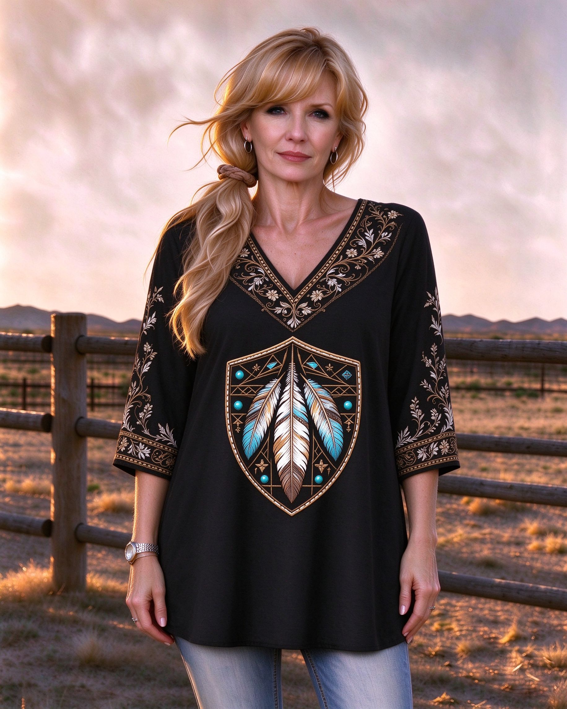 Feather Shield Tunic print V-neck Western-style long top