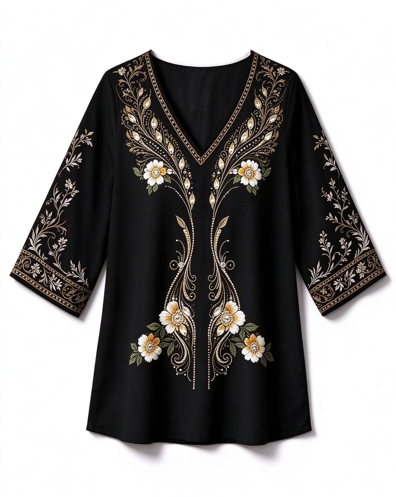 Floral Embroidered V-Neck Boho Western Western-style long top