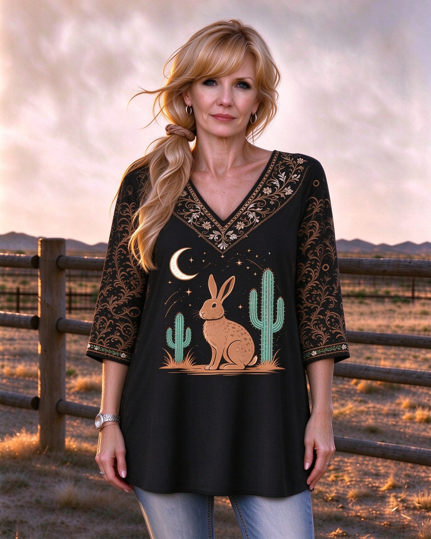 Desert Hare Moon Cactus Western Women's V-neck Long Top
