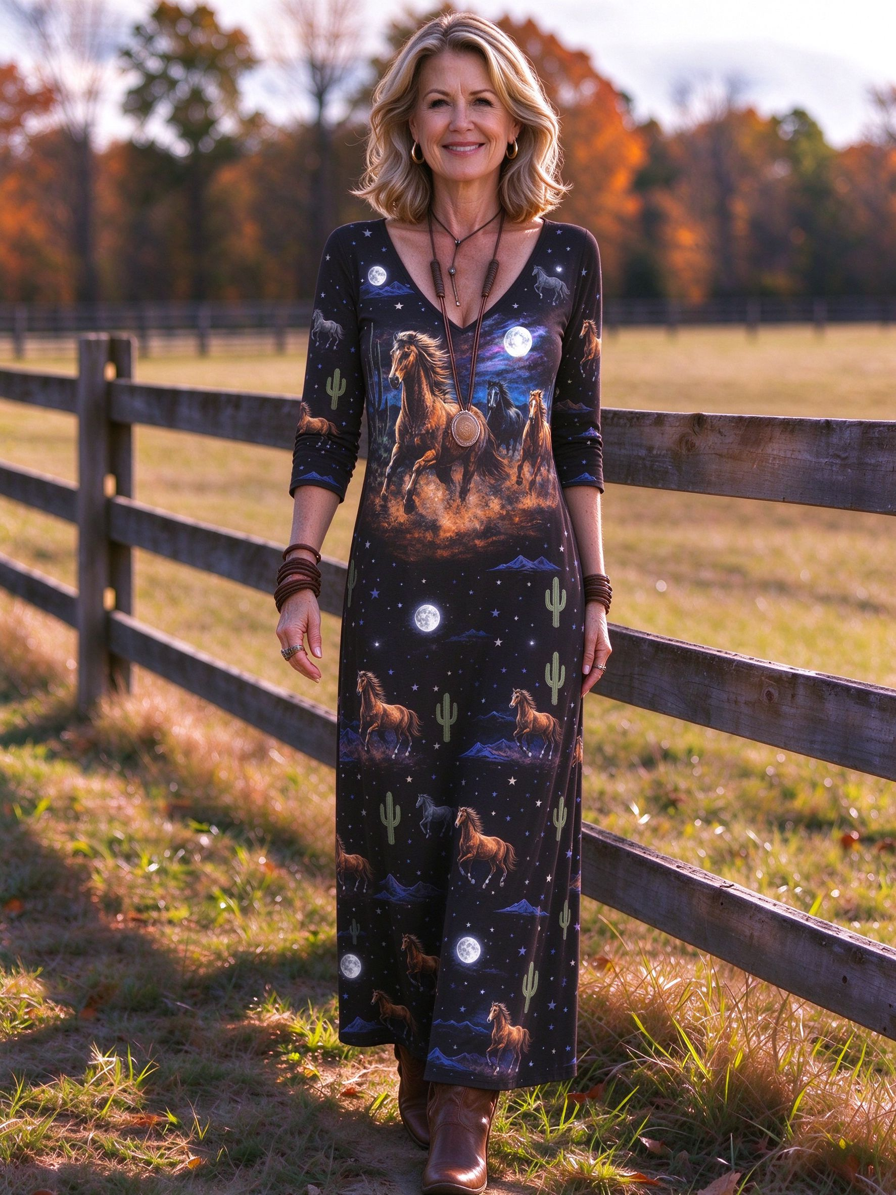 Western Wild Horse & Full Moon Print V-neck Maxi Dress