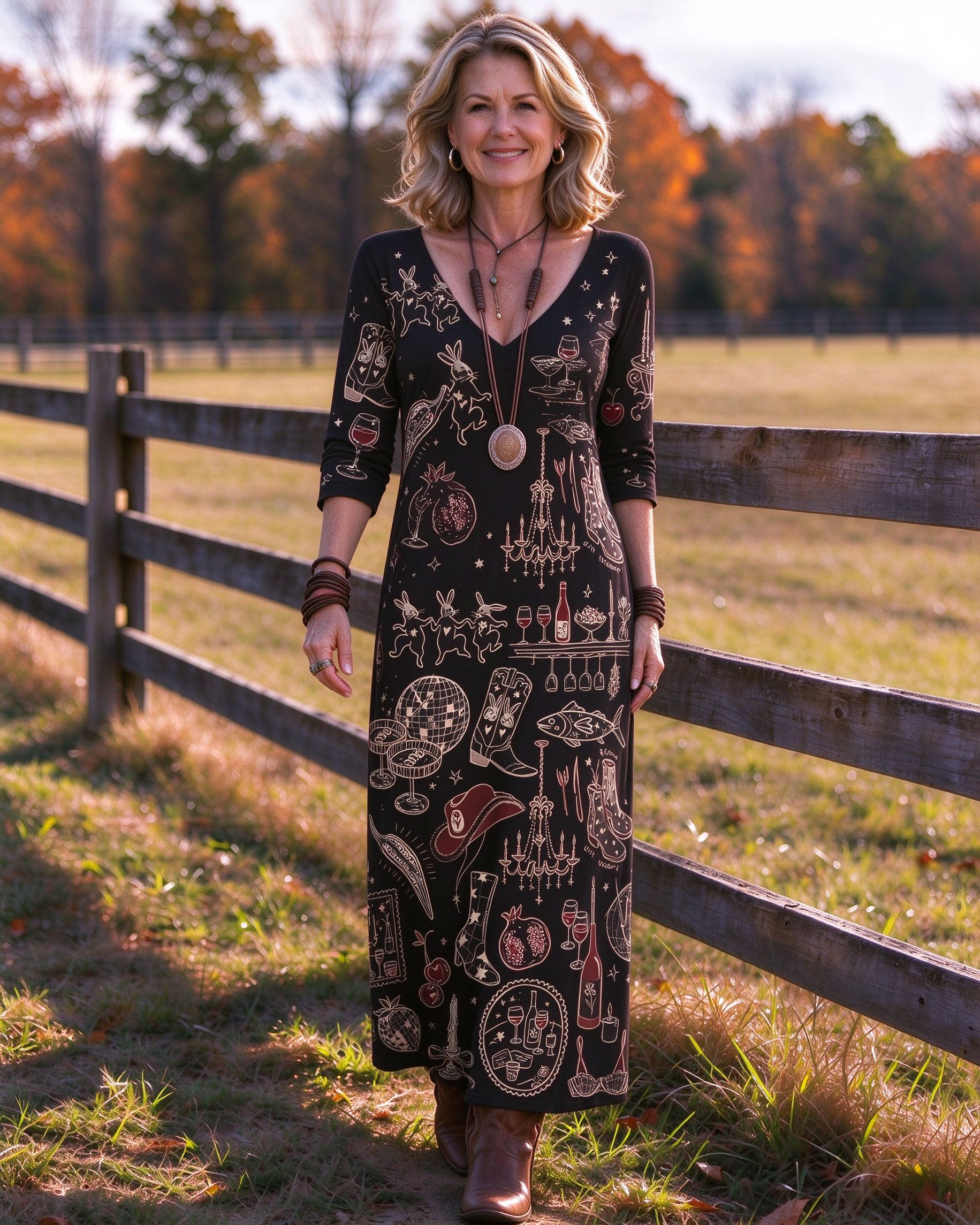 Whimsical Dancing Bunny & Wine Print V-neck Maxi Dress