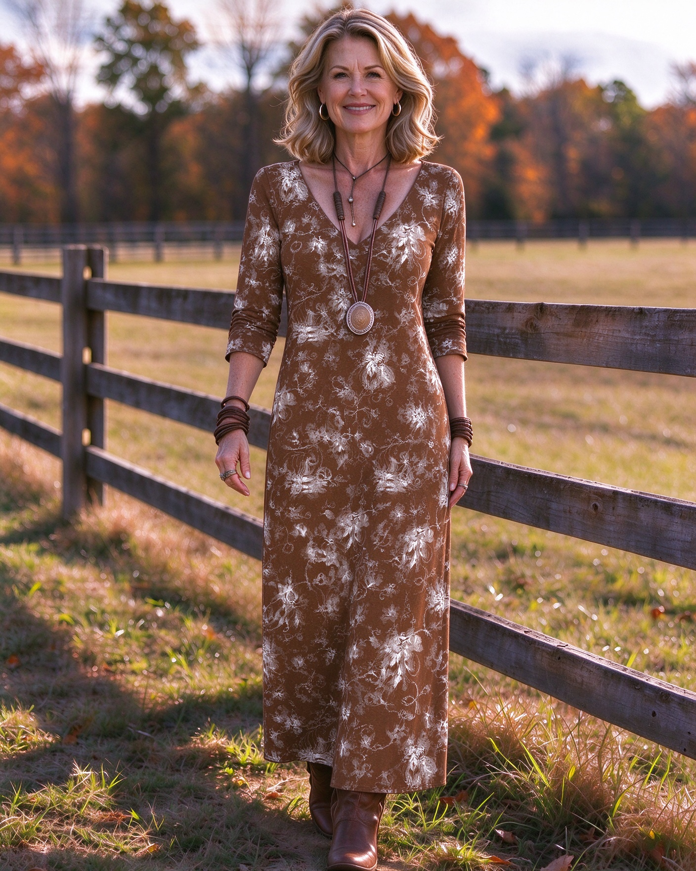 Vintage rust brown light white scrolling floral pattern Western V-Neck Printed Dress | Allover Print