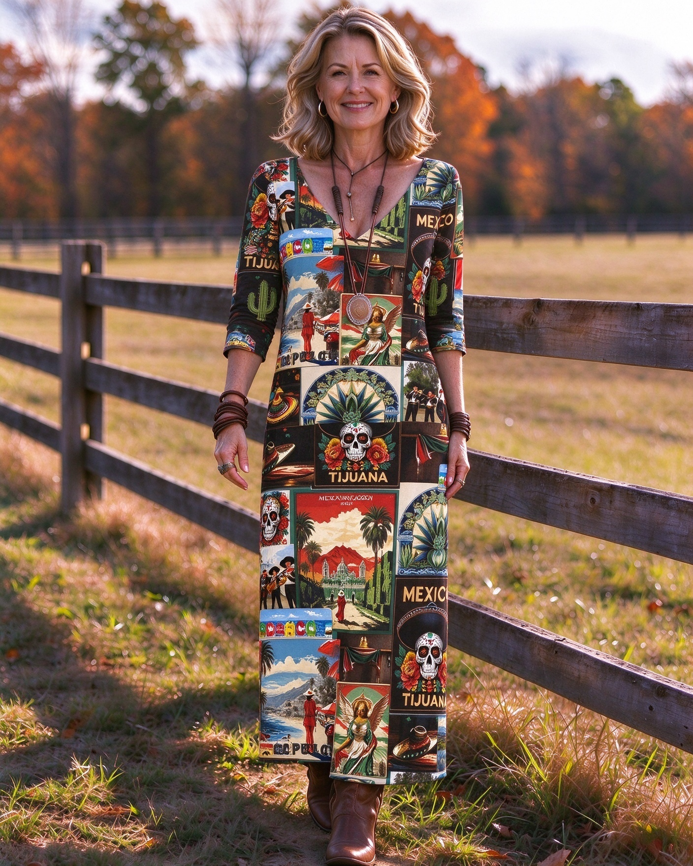 Travel Poster Collage Western V-Neck Printed Dress | Allover Print