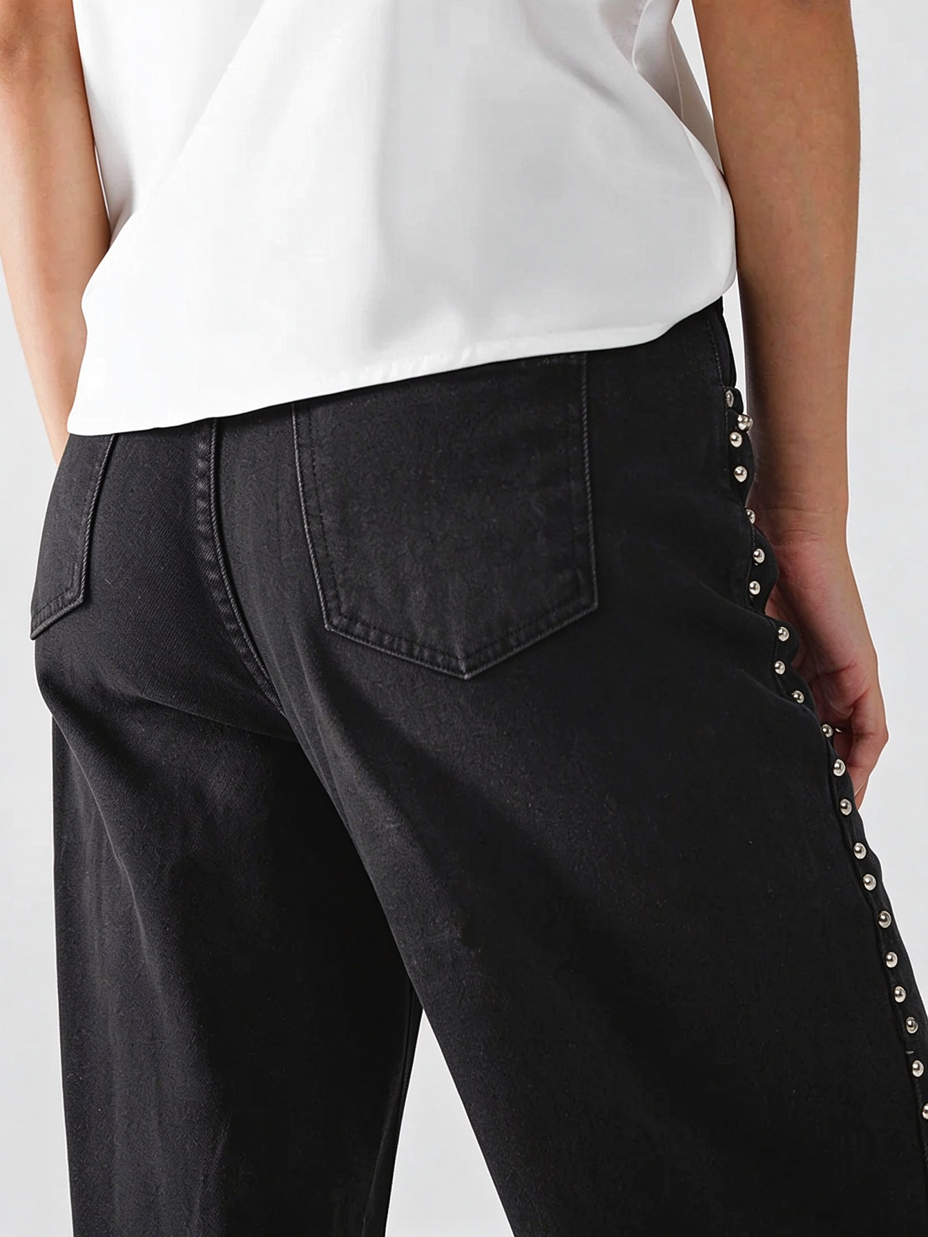 High Waist Wide Leg Jeans Side Rivet Stud Flare Casual Denim Pants