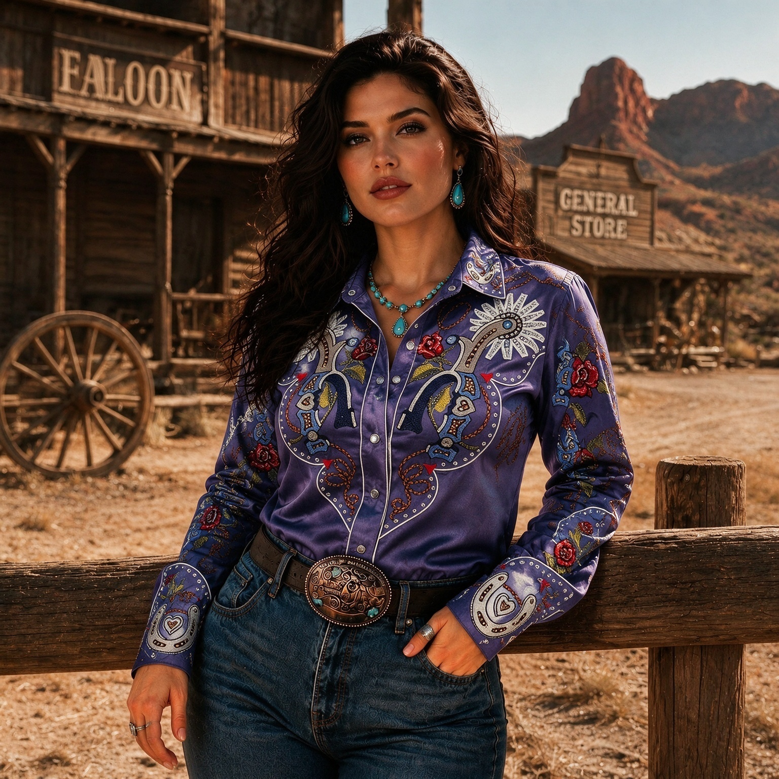 Vintage Western Pistol & Rose Print Bell Sleeve Shirt