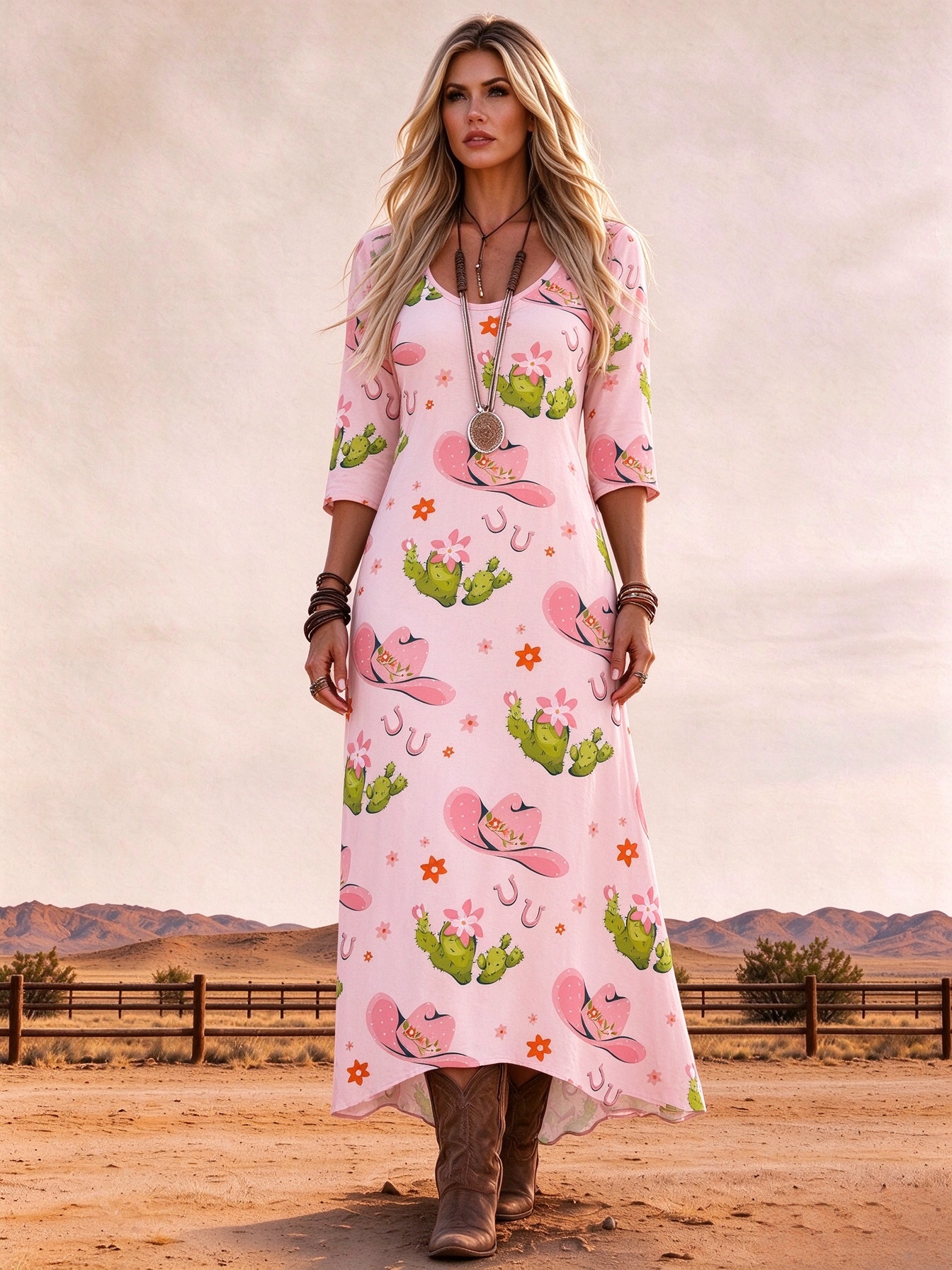 Pink Cactus Cowgirl Horseshoe Print V-Neck Loose Casual Maxi Dress
