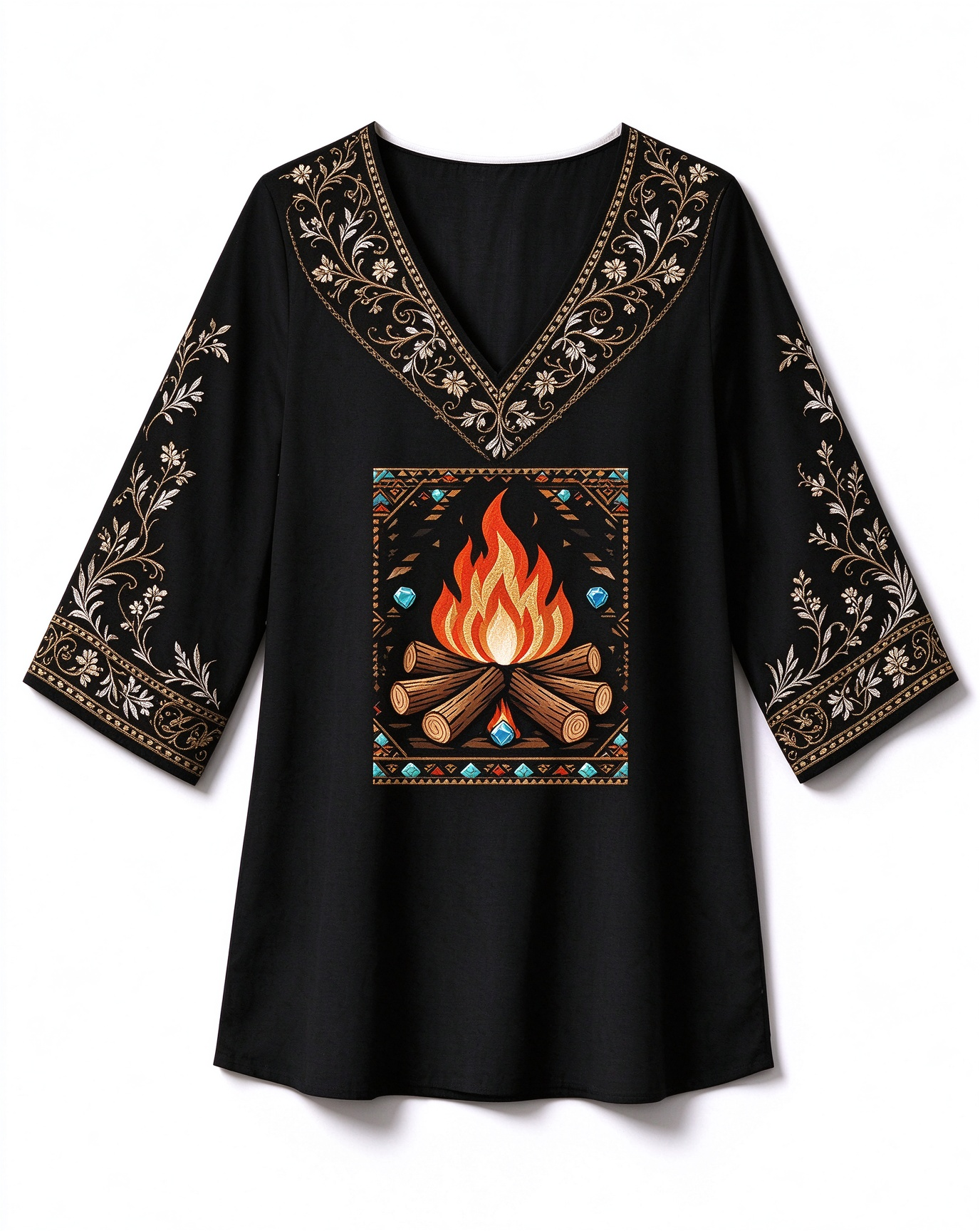 Campfire Embroidered V-Neck Boho Western Western-style long top