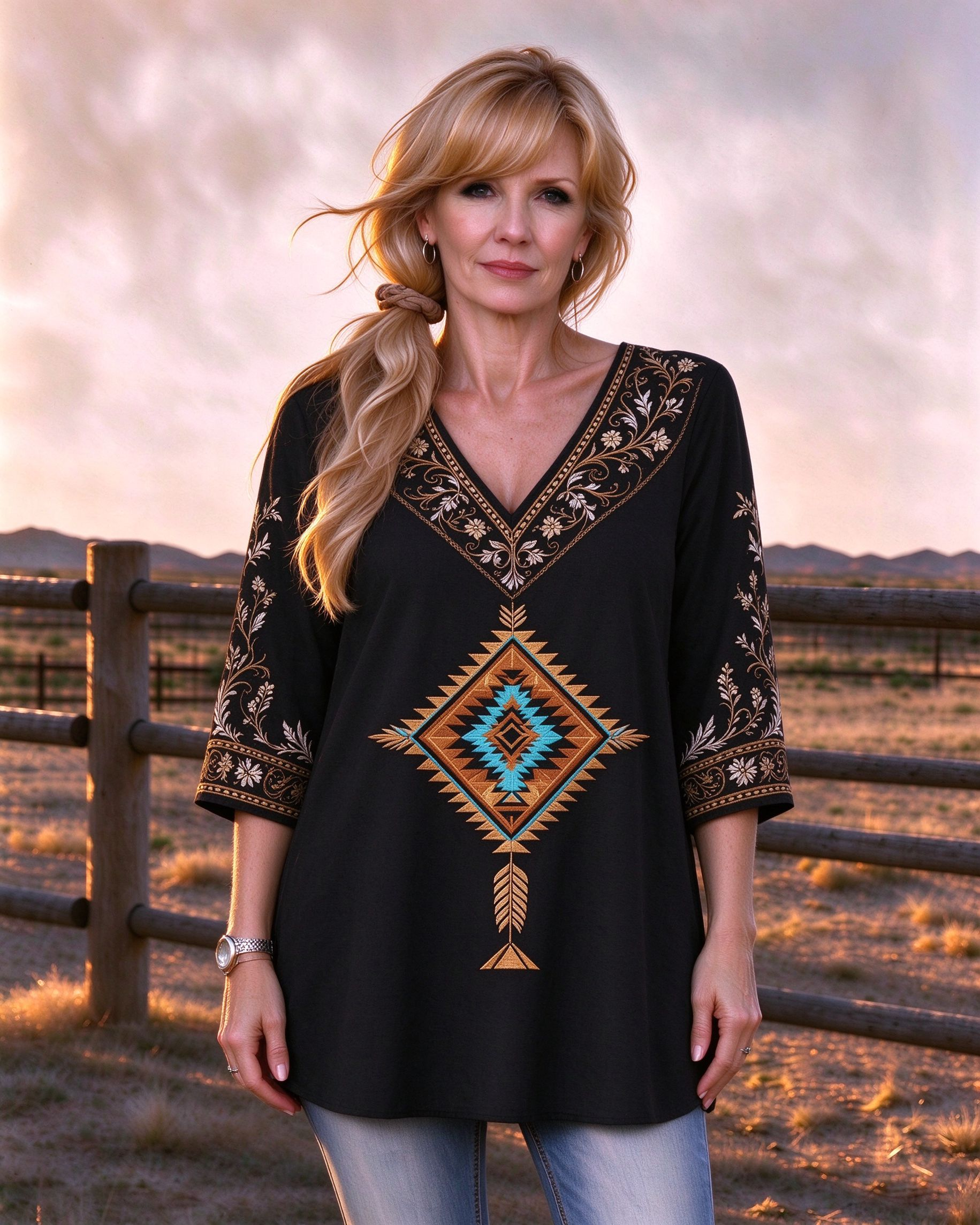 Southwestern Diamond V-Neck Western long top