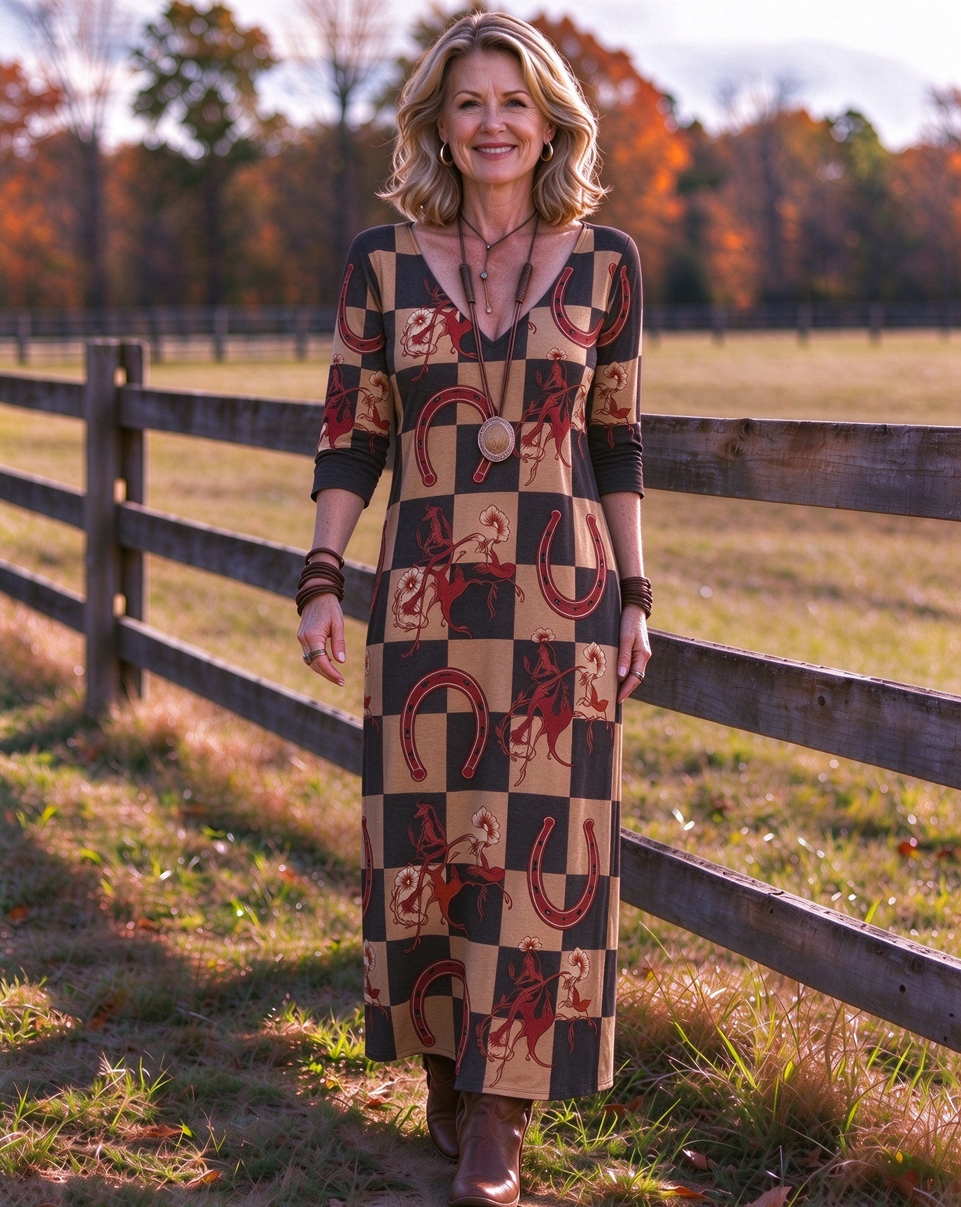 Horse Horseshoe Wildflower Western V-Neck Printed Dress | Allover Print
