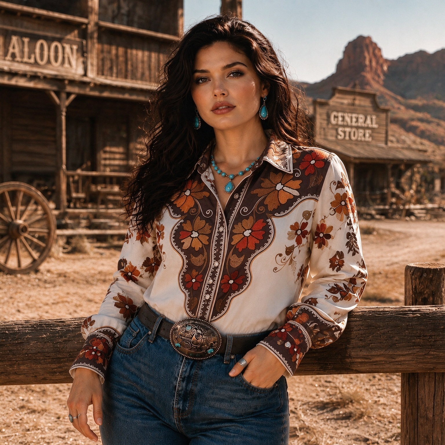 Vintage Western Ivory Saddle Panel Floral Print Collared Blouse, Smocked Flare Cuff Long Sleeve Shirt