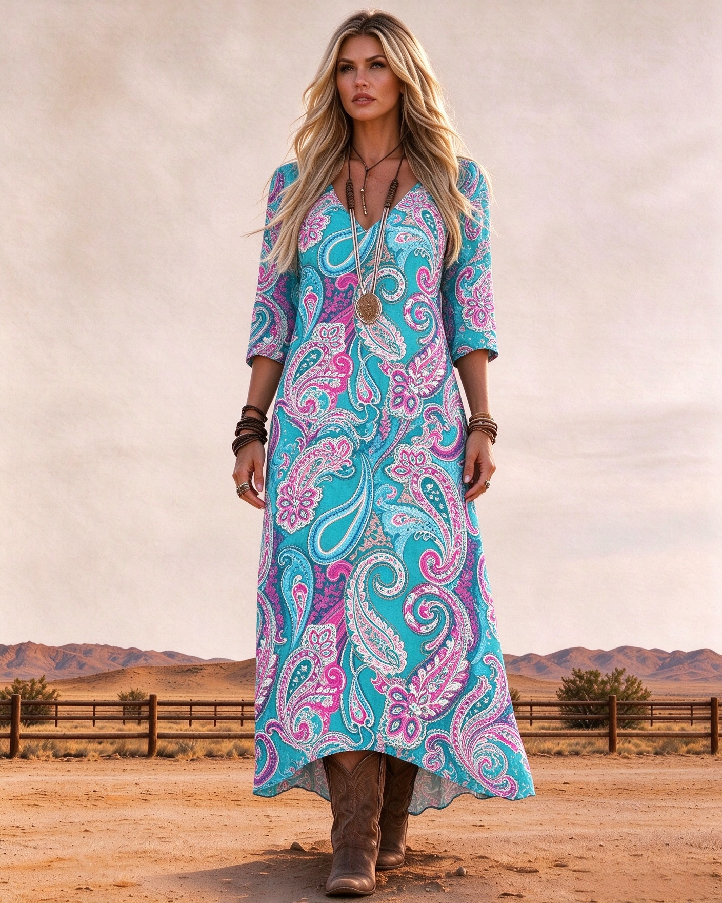 Retro Western Bohemian Bright Paisley Art Print V-neck Three-quarter sleeve maxi dress