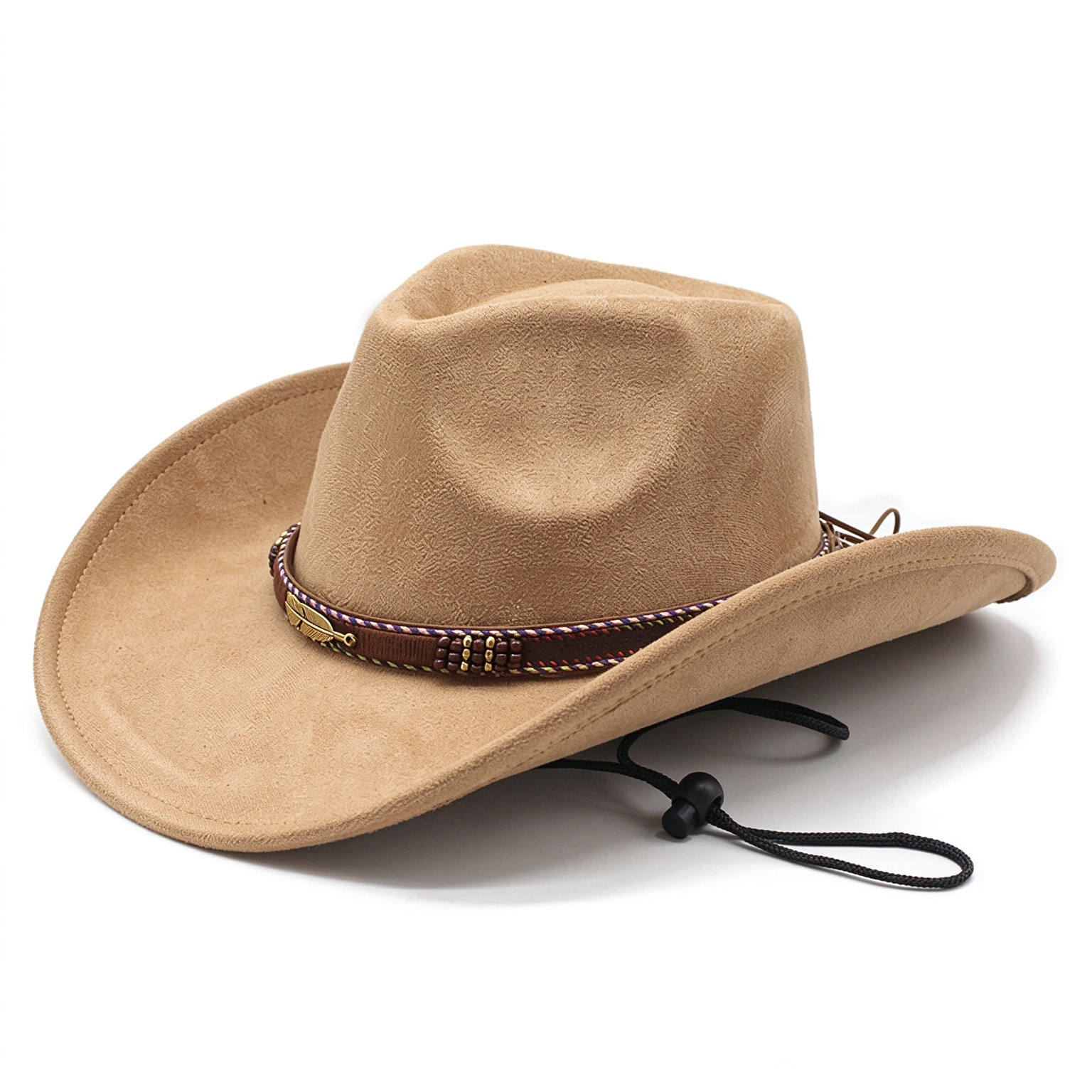 Vintage Western Beaded Feather Accent Band Curved Wide Brim Cowboy Hat