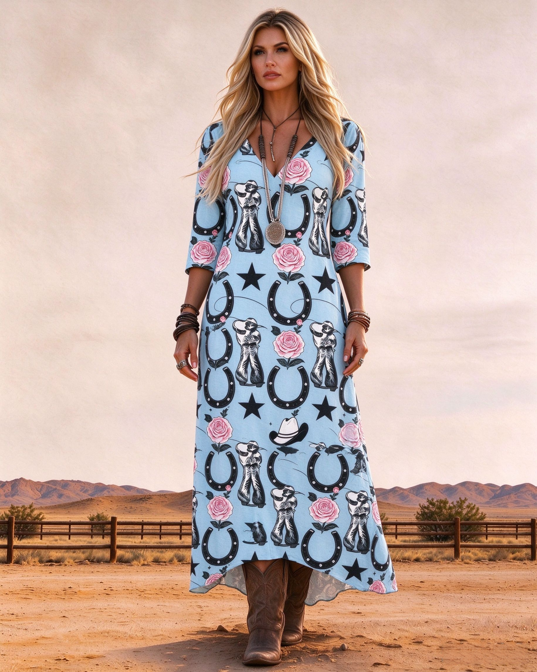 V-neck Western cowboy rose horseshoe star print maxi dress