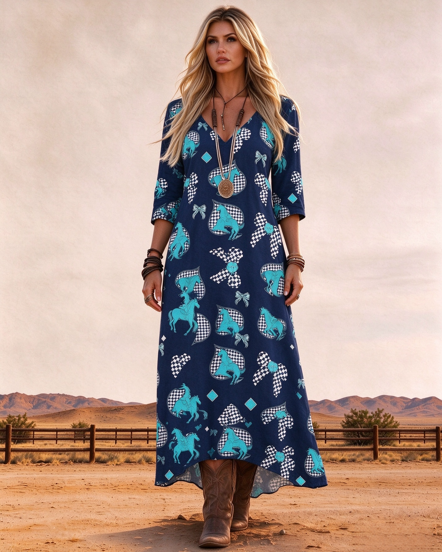 Retro Western Horse Bow Diamond Print V-Neck Three-Quarter Sleeve Long Dress