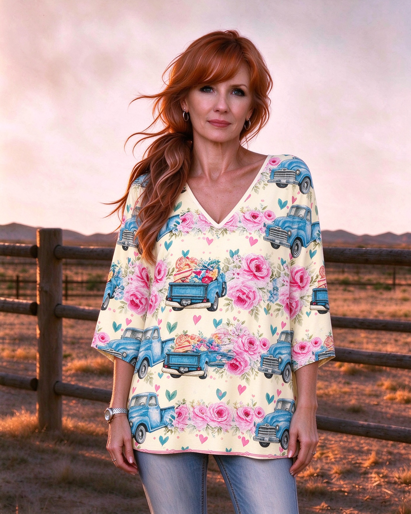 Retro blue truck rose print three-quarter sleeve V-neck long top