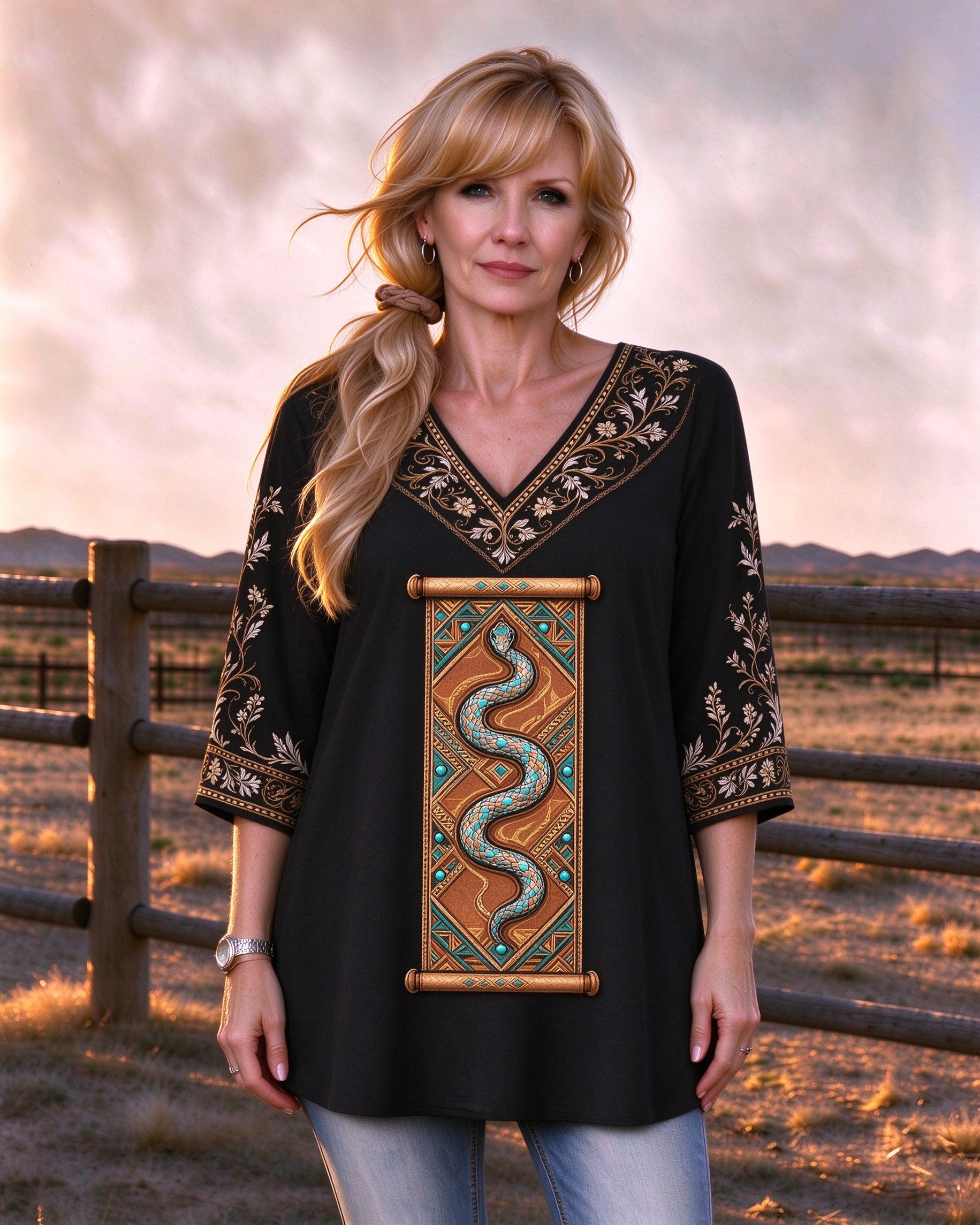 Turquoise Serpent V-Neck Boho Western-style long top
