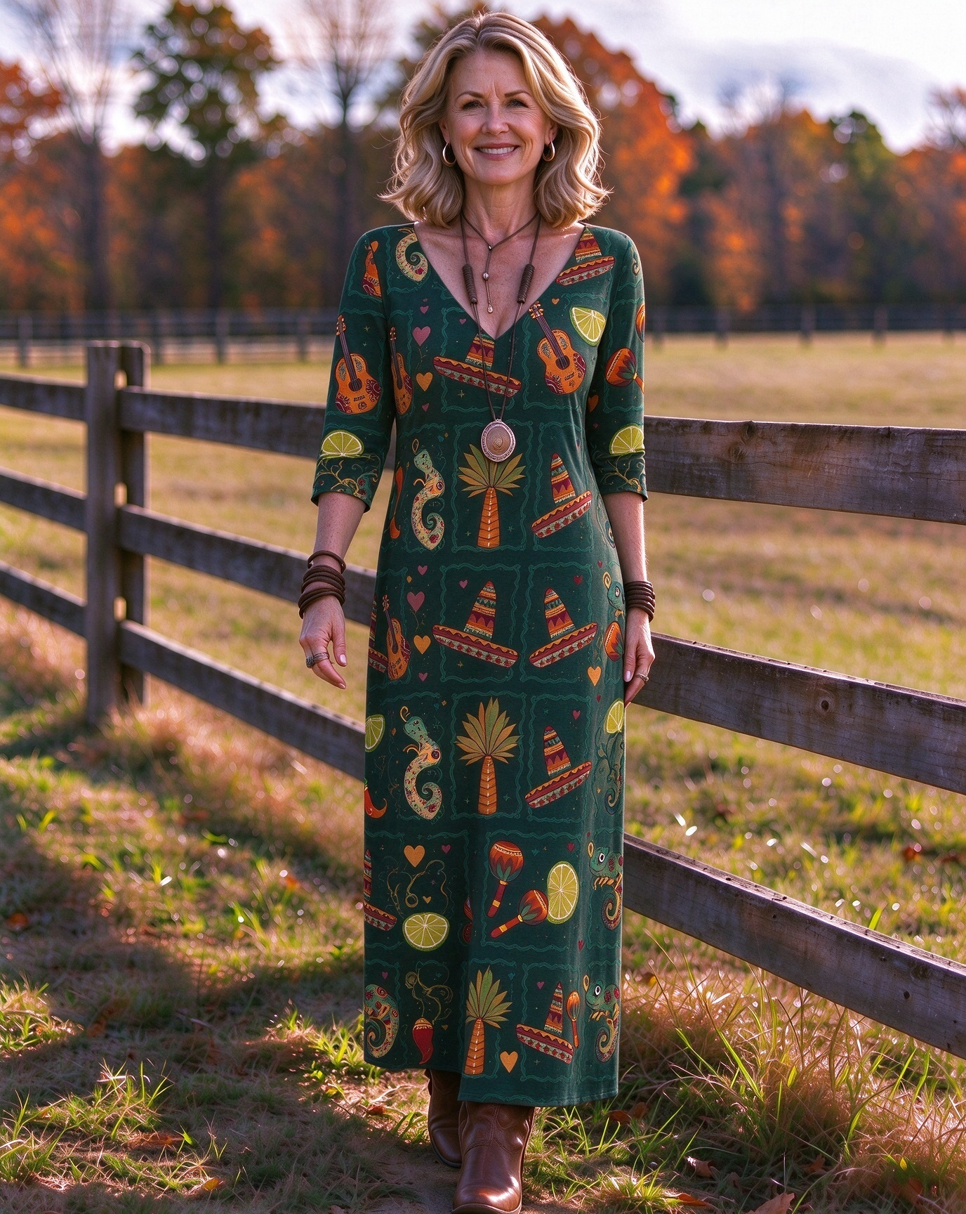 Sombrero Guitar Maraca Lizard Western V-Neck Printed Dress | Allover Print