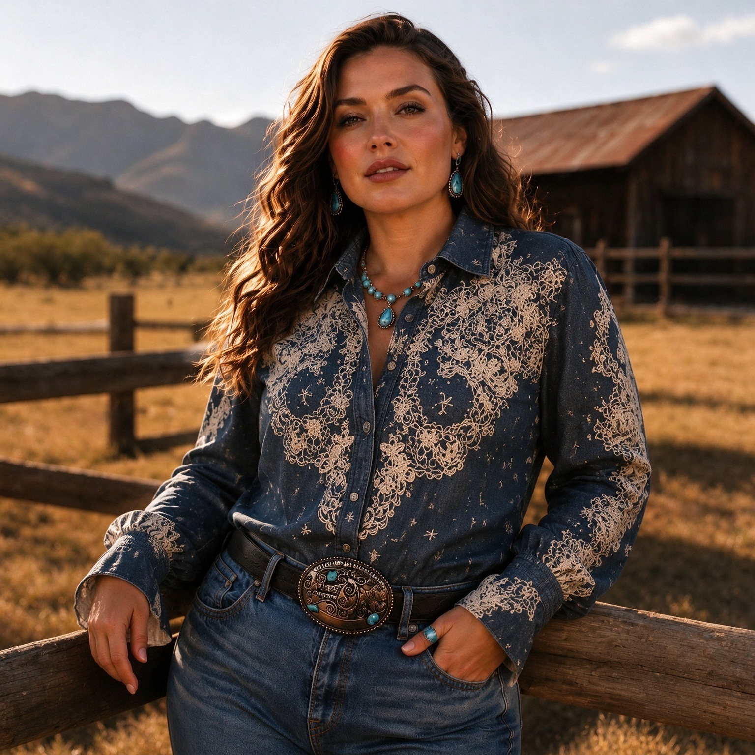Vintage Western Denim Blue Lace Vine Print Collared Blouse, Smocked Flare Cuff Long Sleeve Shirt