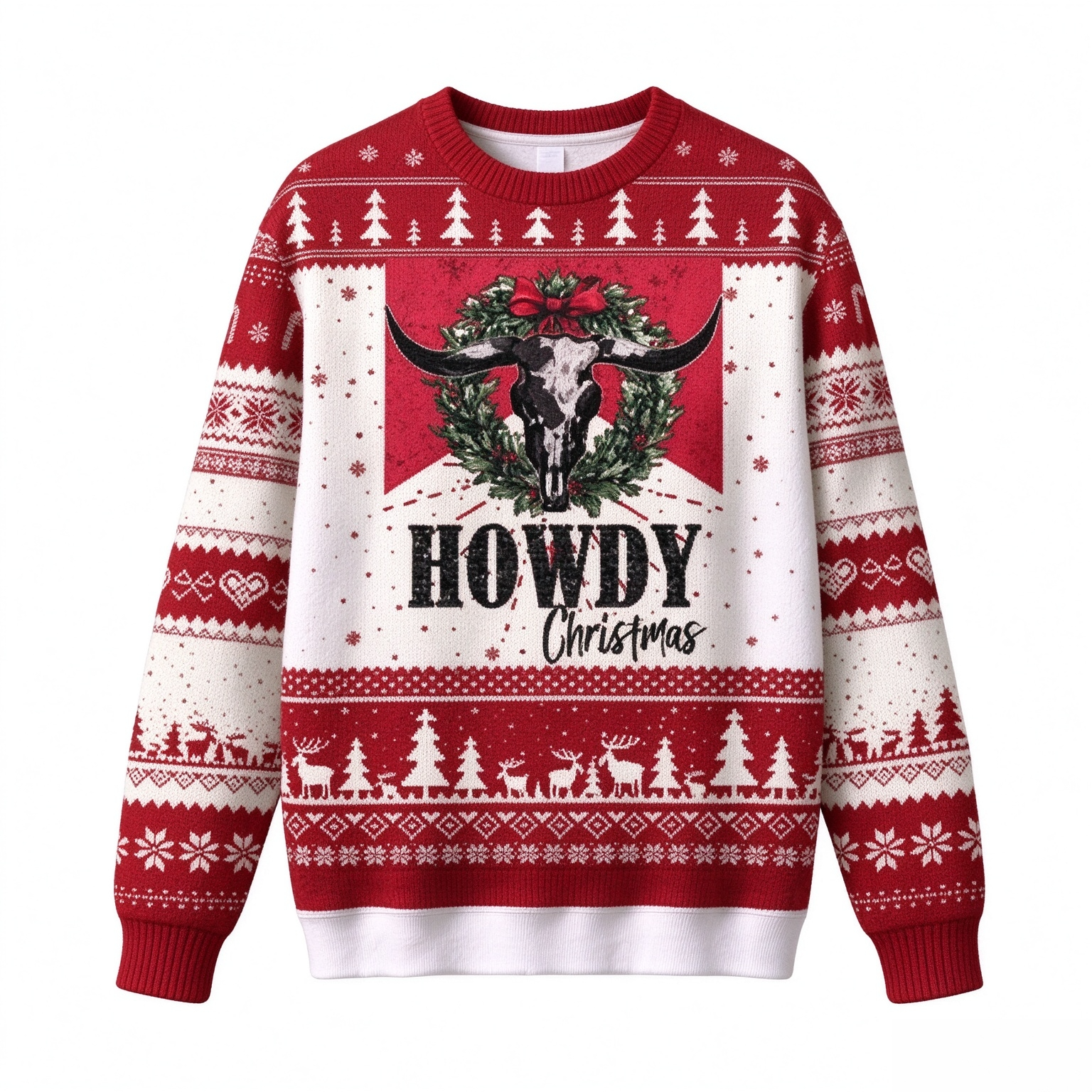 Longhorn Skull Wreath Country Cowboy Ugly Christmas Sweater
