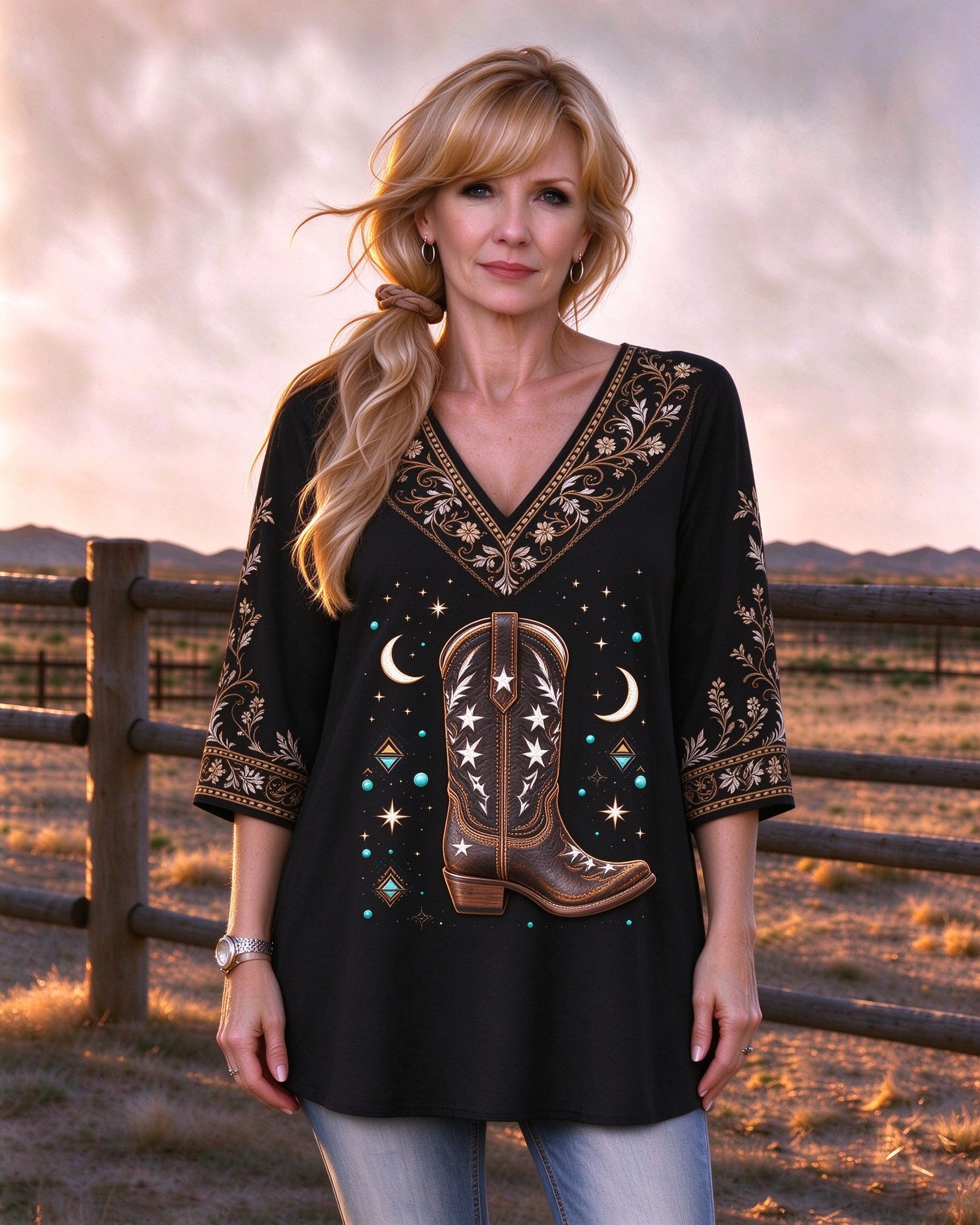 Cowboy Boots V-Neck Western long top