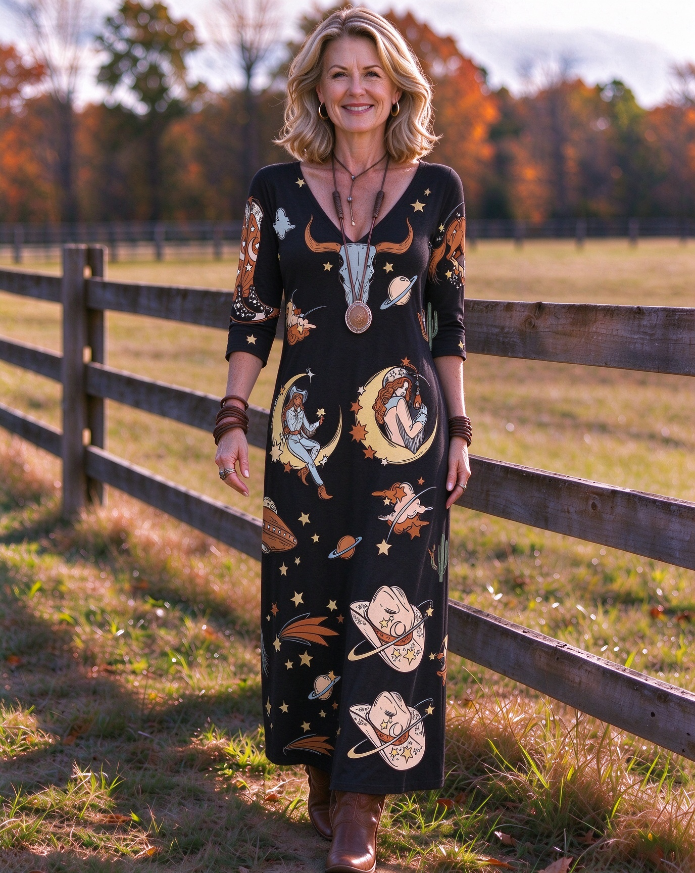 Retro Celestial Moon Planet Long Horned Bull Skull UFO V-neck Long Dress