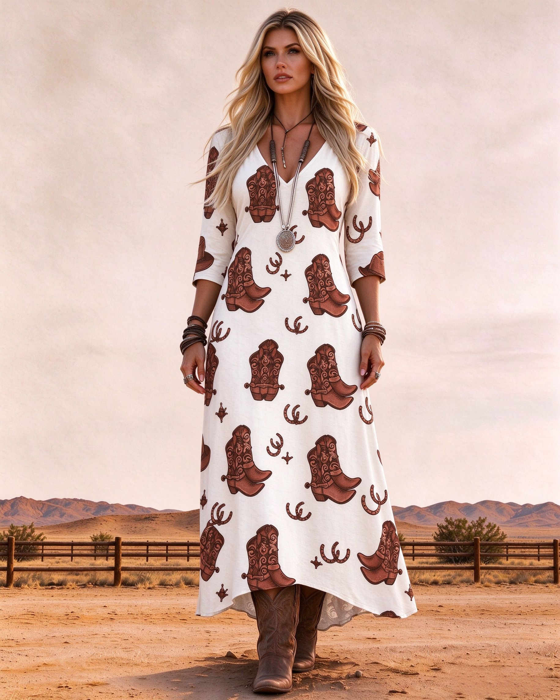 V-neck Western cowboy boots and horseshoe print maxi skirt